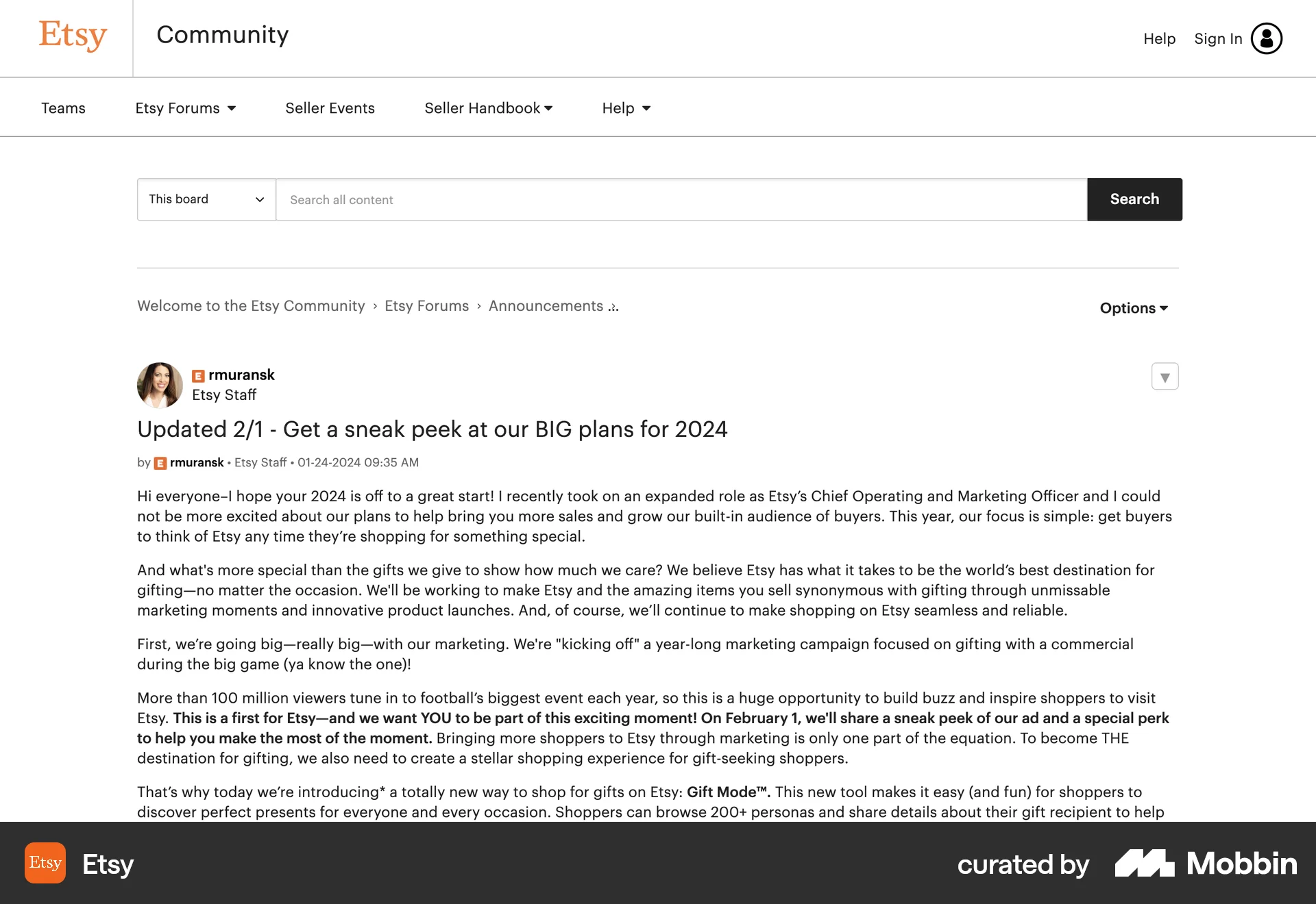 Etsy Web Post Detail screen