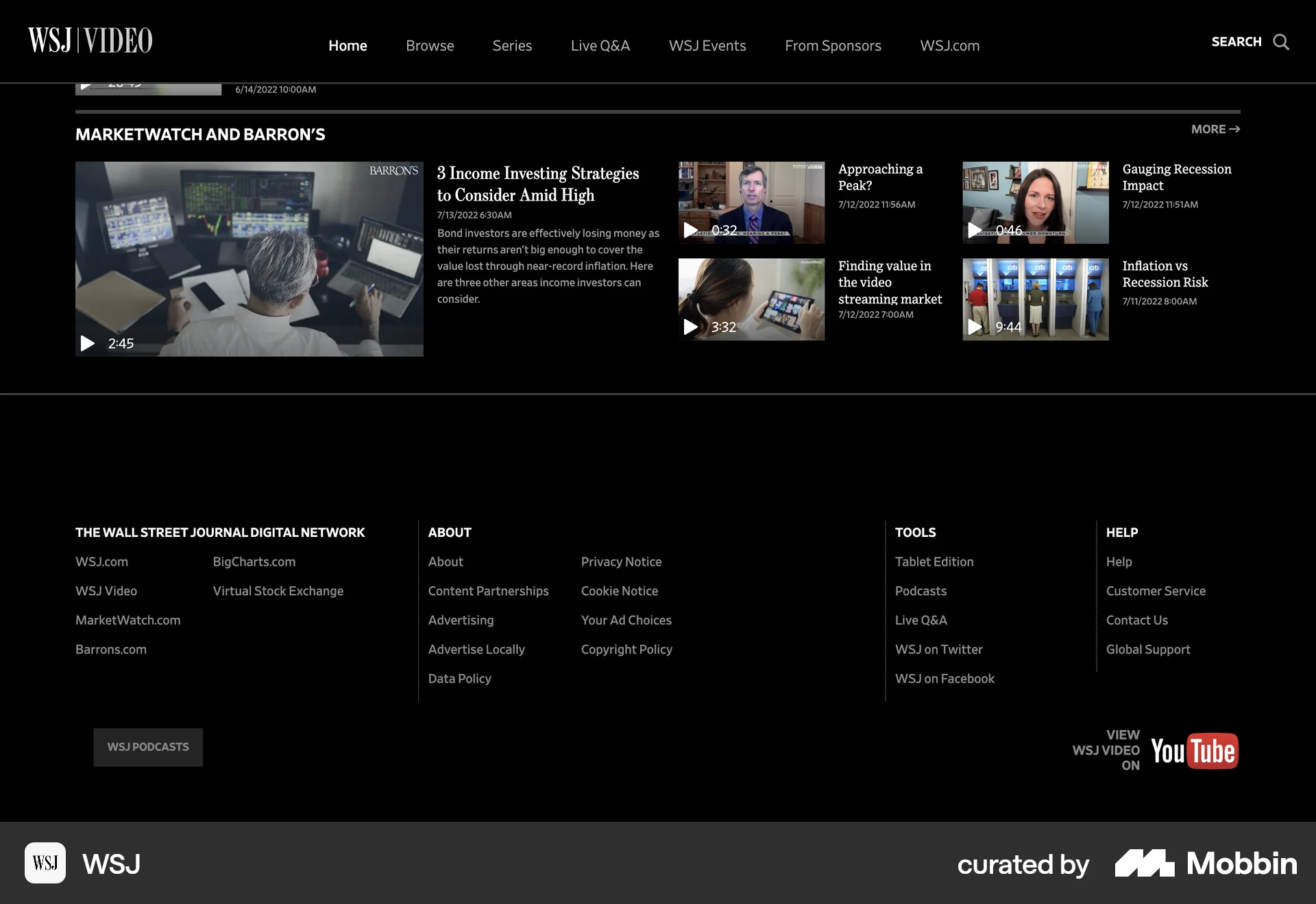 WSJ Web News Feed screen