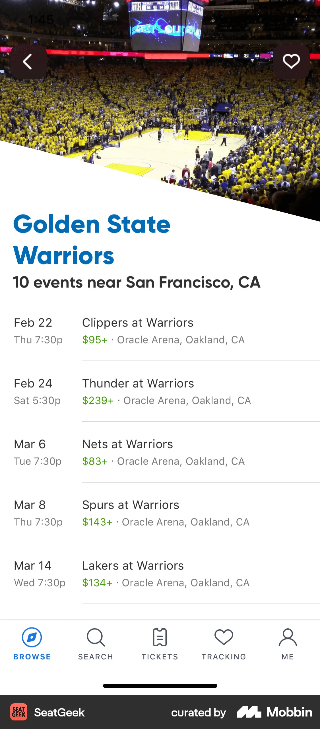 SeatGeek iOS Event Detail screen