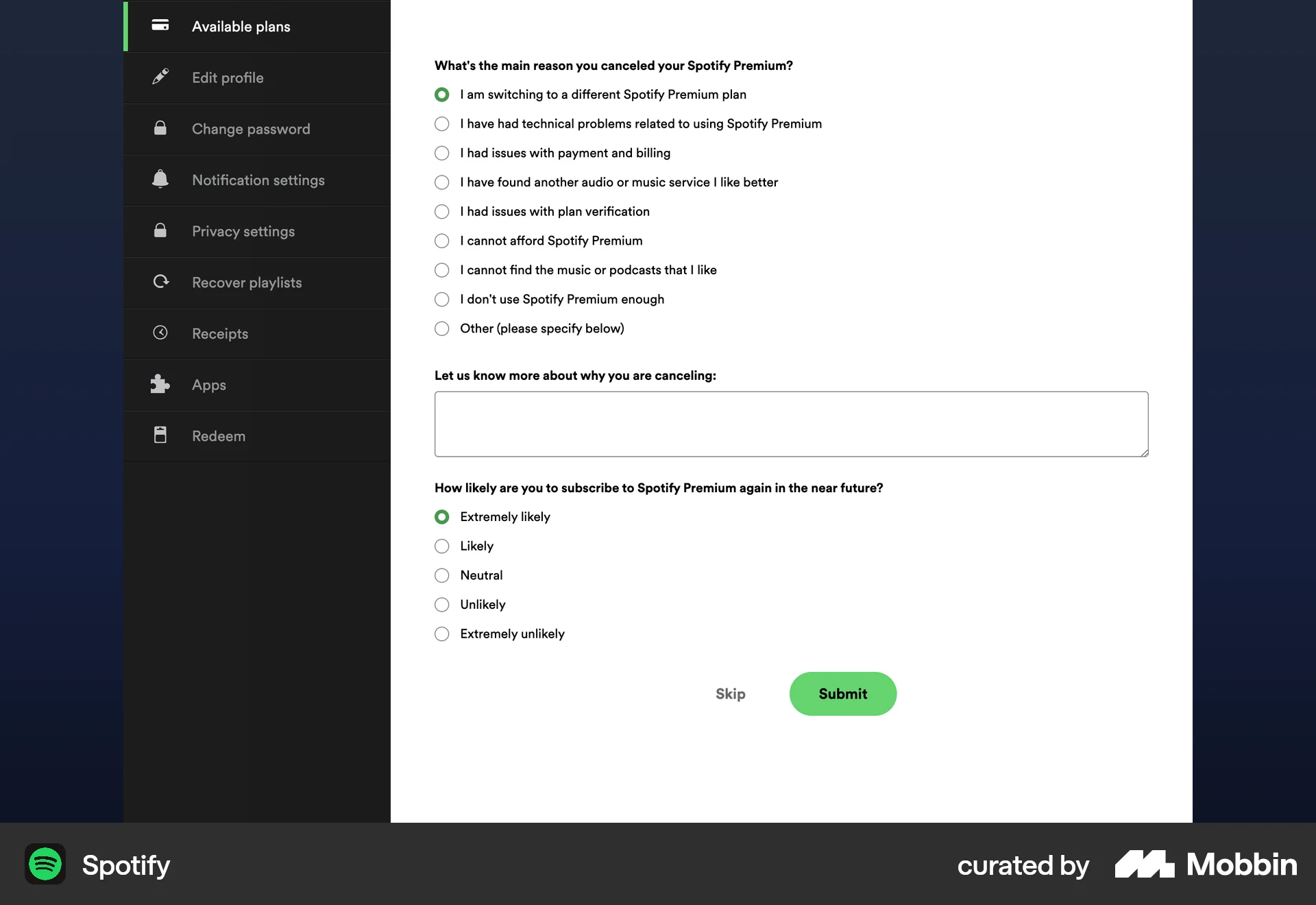 Spotify Web Feedback screen