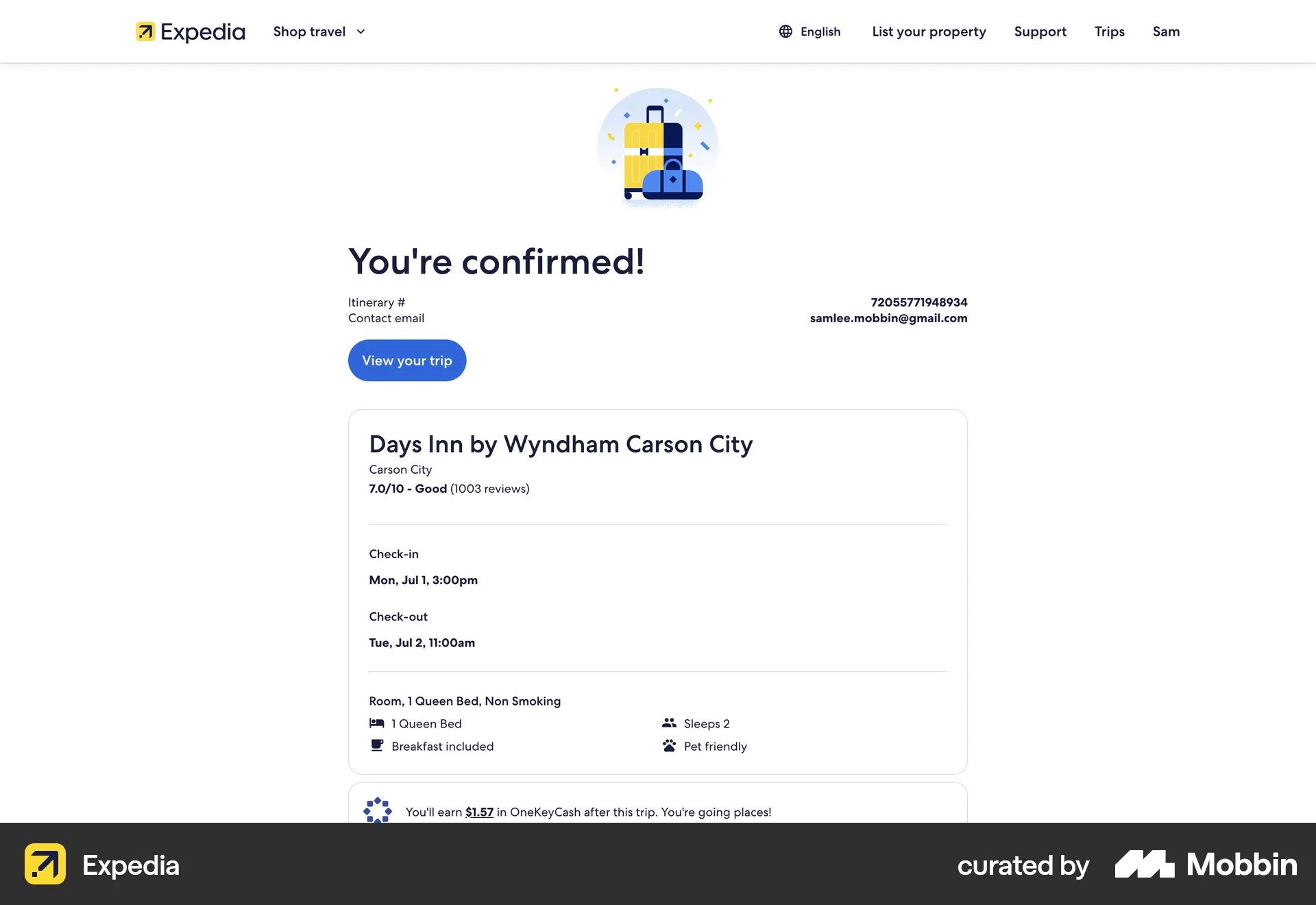 Expedia Web Order Confirmation screen