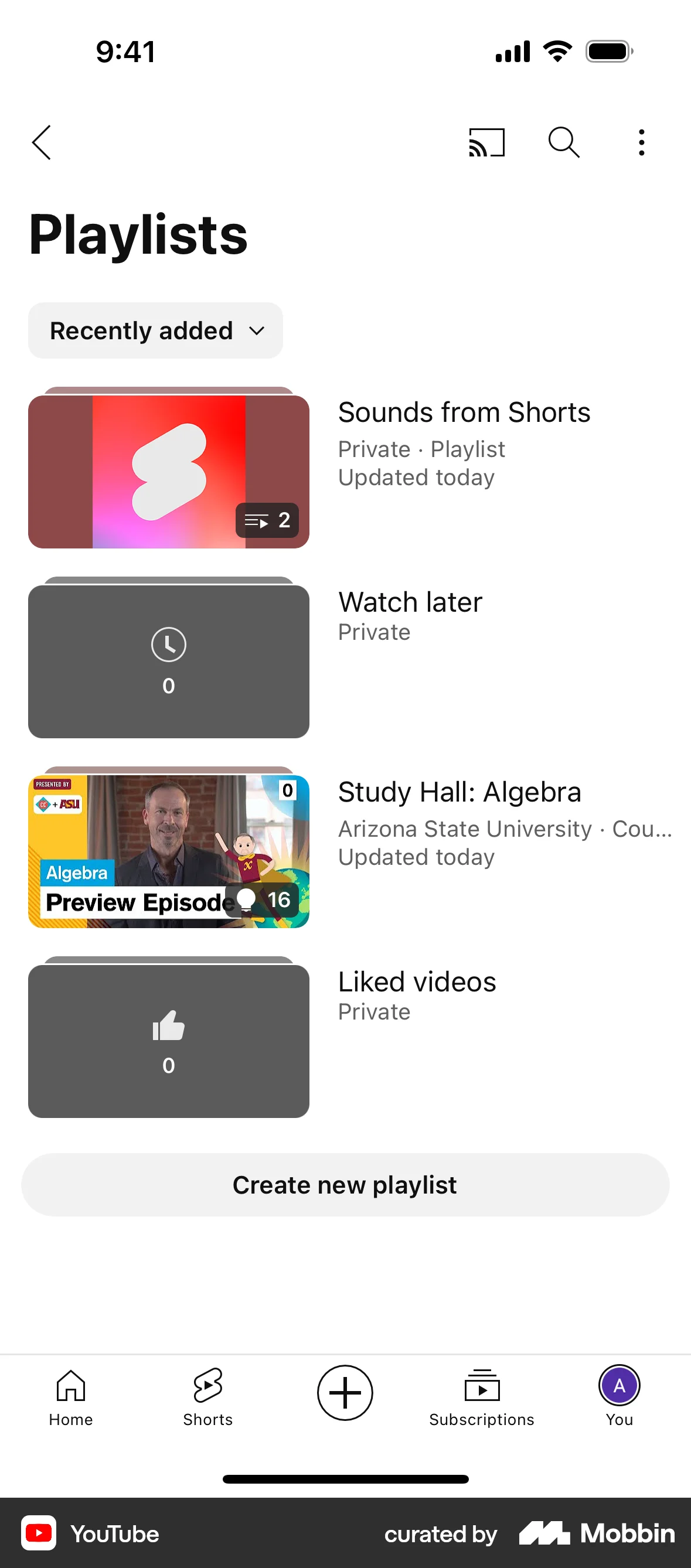 YouTube iOS Playlists screen