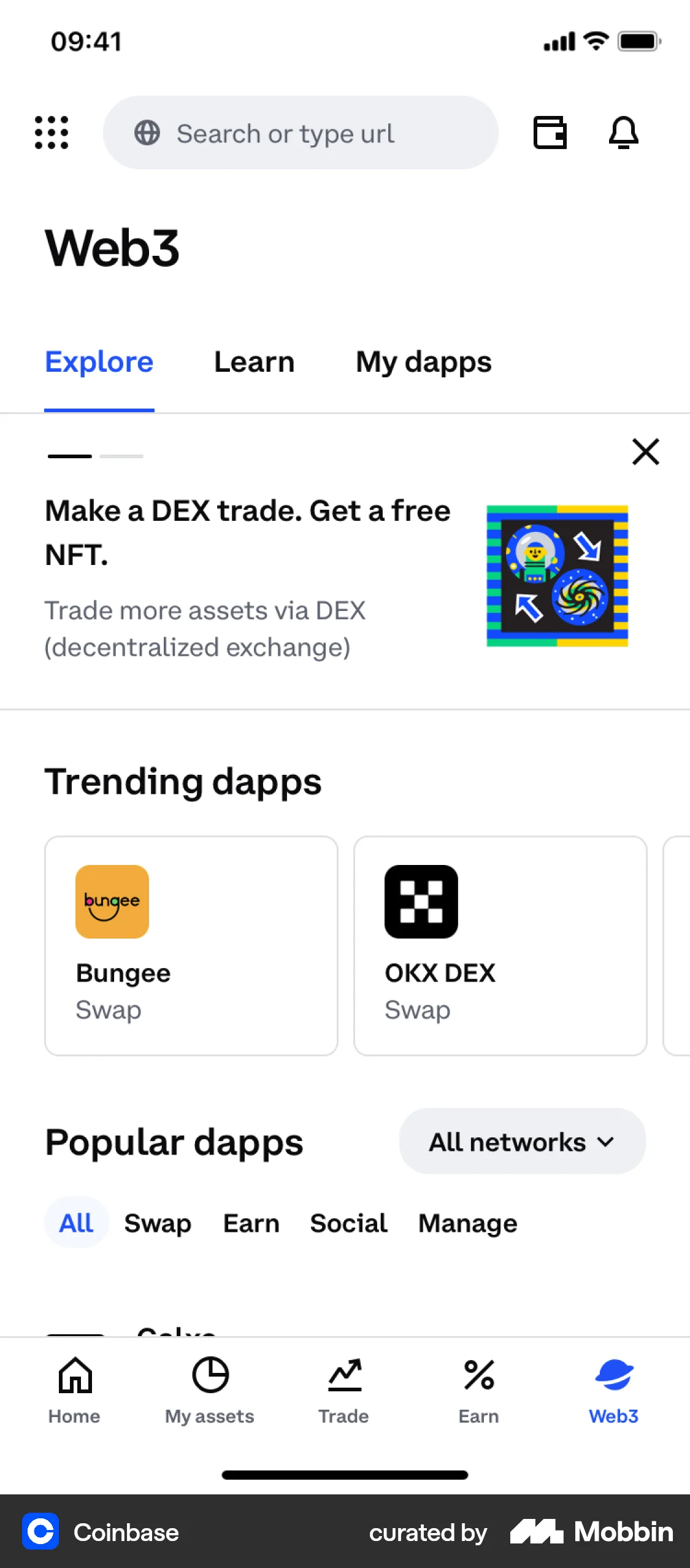 Coinbase iOS screen containing Tab UI element