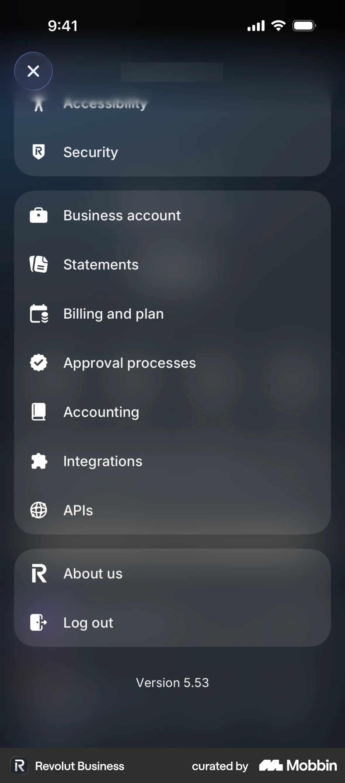 Revolut Business iOS Glassmorphism screen