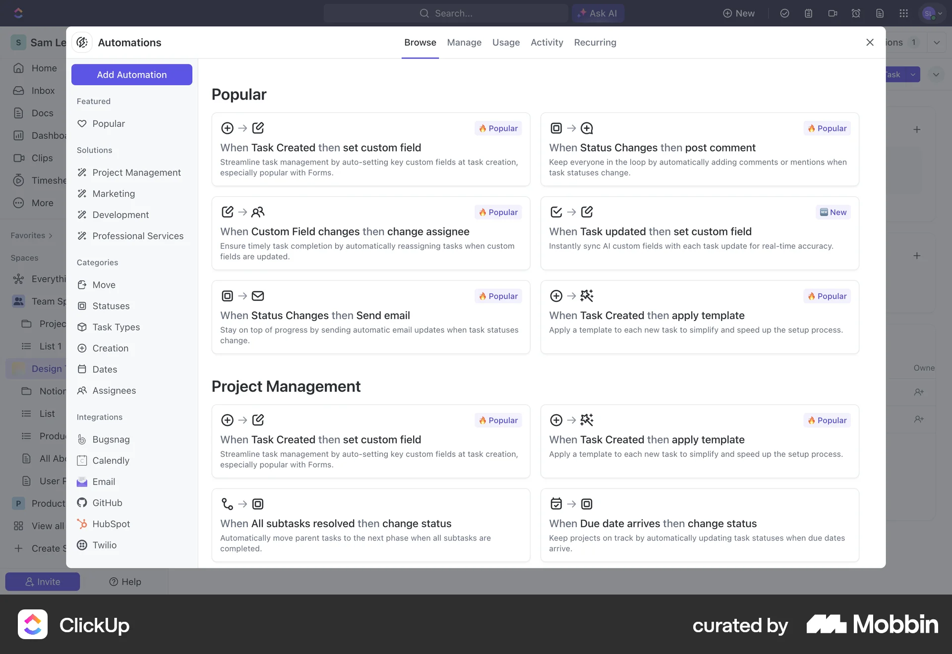 ClickUp Web screen containing Status Dot UI element