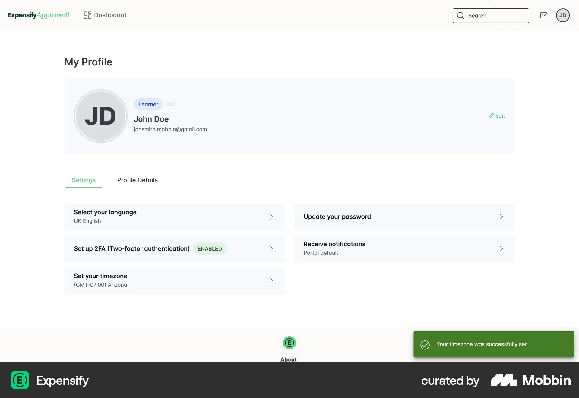 Expensify Web screen containing Toast UI element