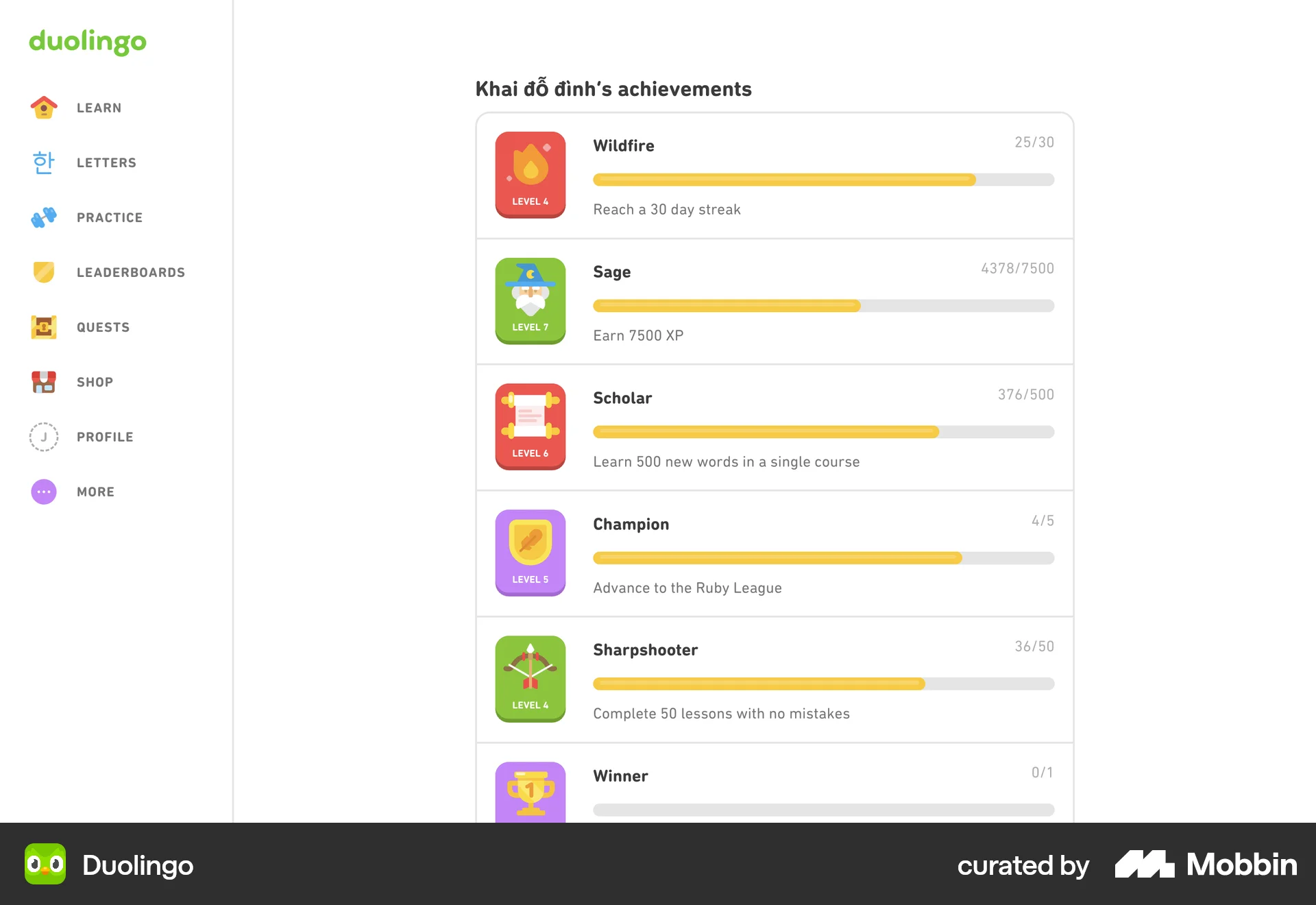 Duolingo Web Achievements & Awards screen