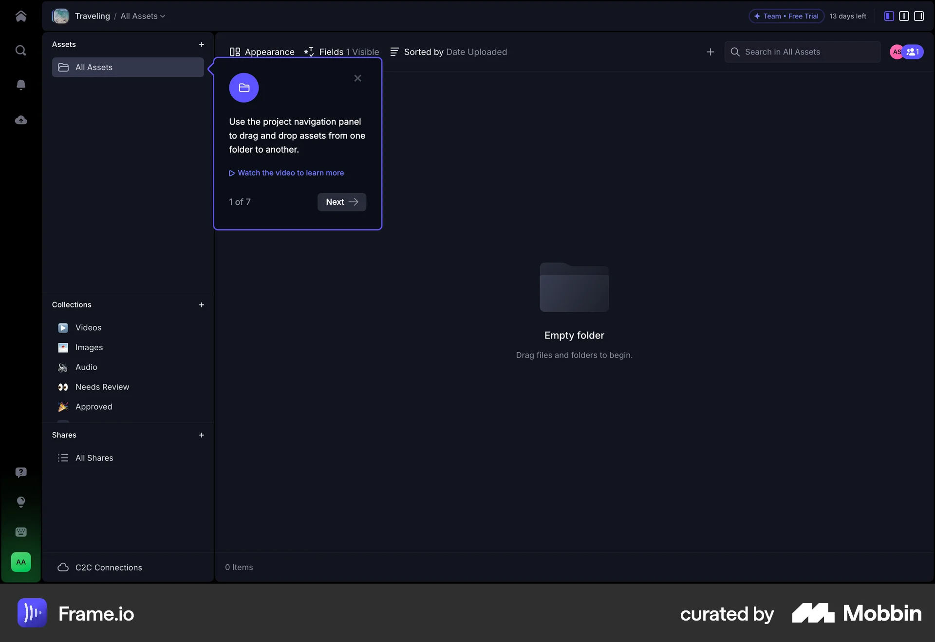 Frame.io Web screen containing Coach Marks UI element