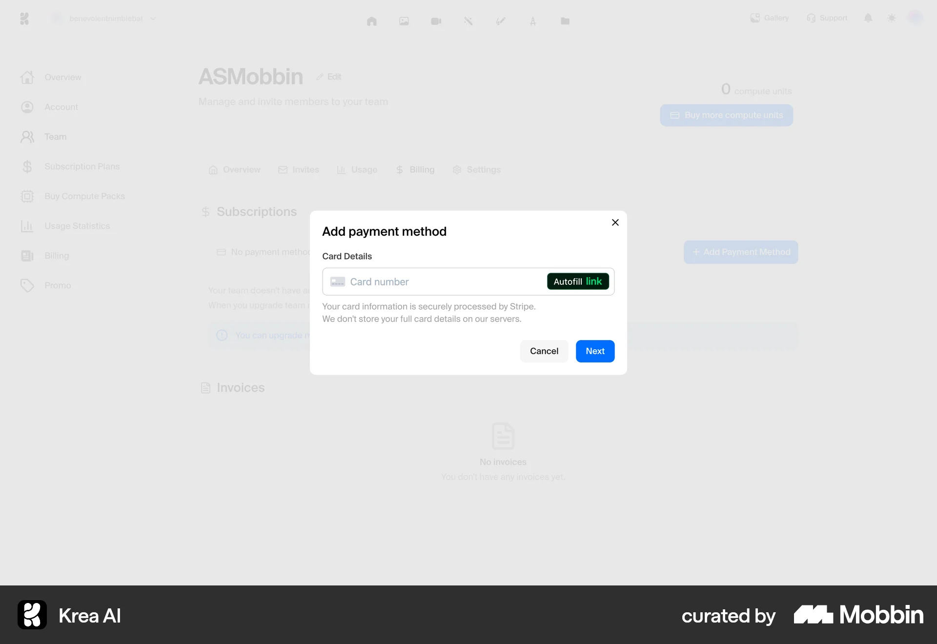 Krea AI Web Payment Method screen