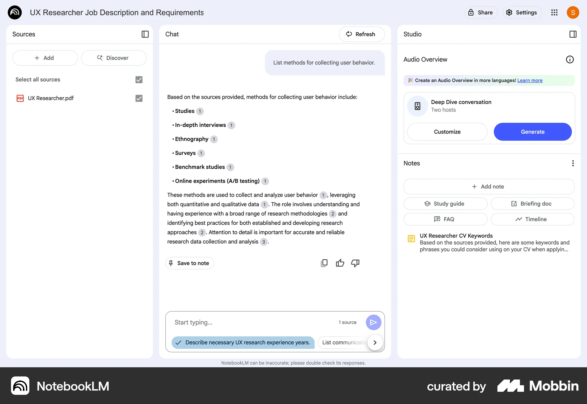 NotebookLM Web screen containing Rating Control UI element