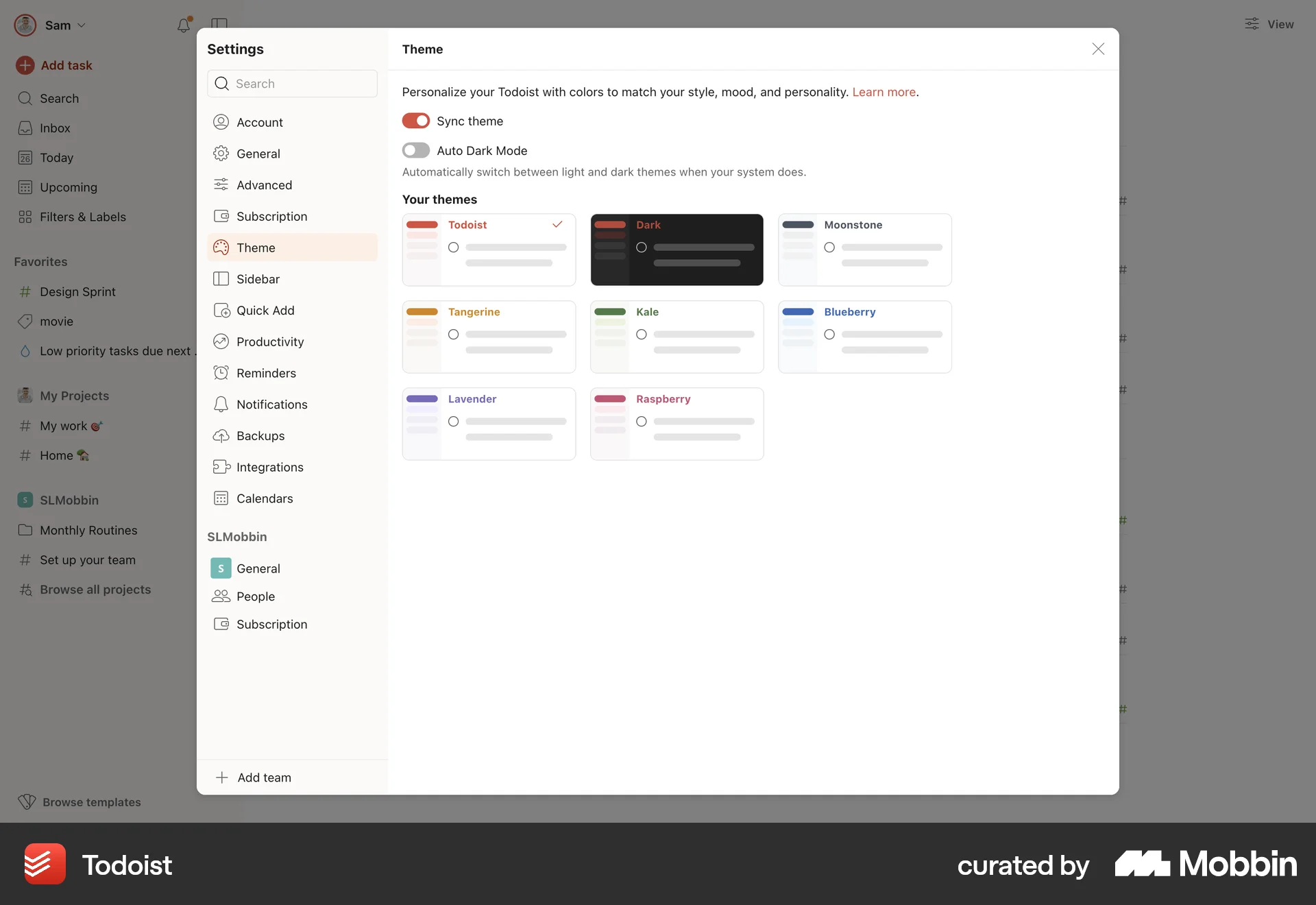 Todoist Web screen containing Color Picker UI element