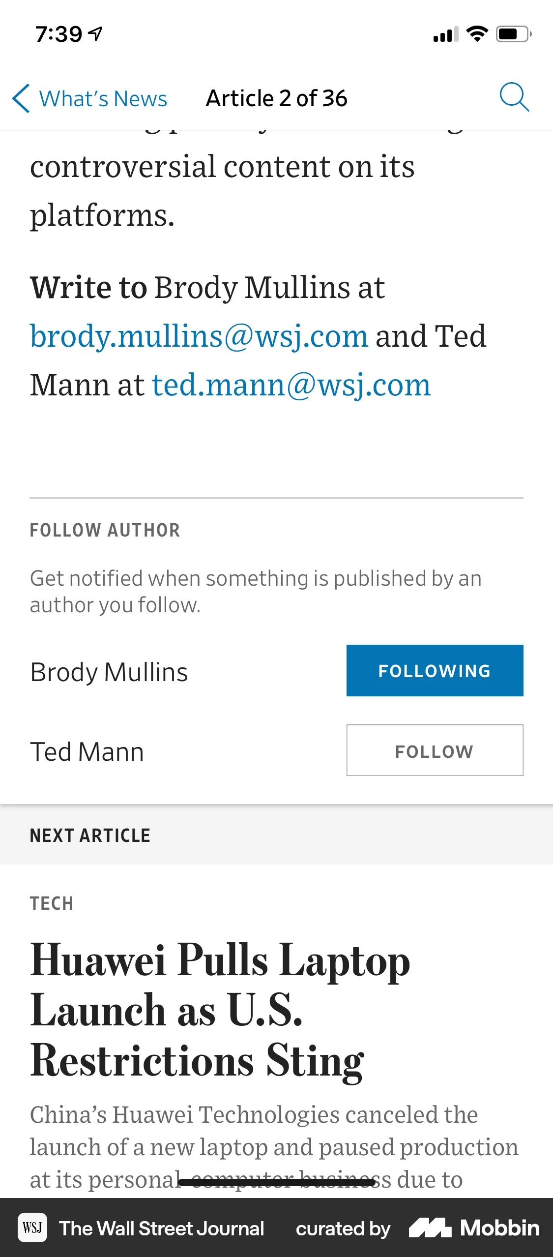 The Wall Street Journal iOS Follow & Subscribe screen