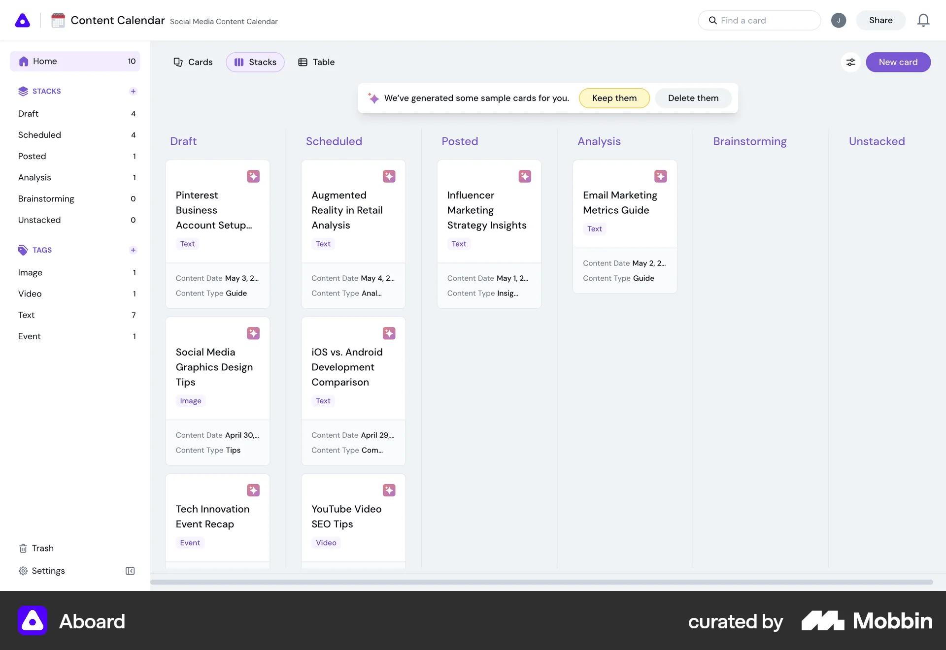 Aboard Web Kanban Board screen