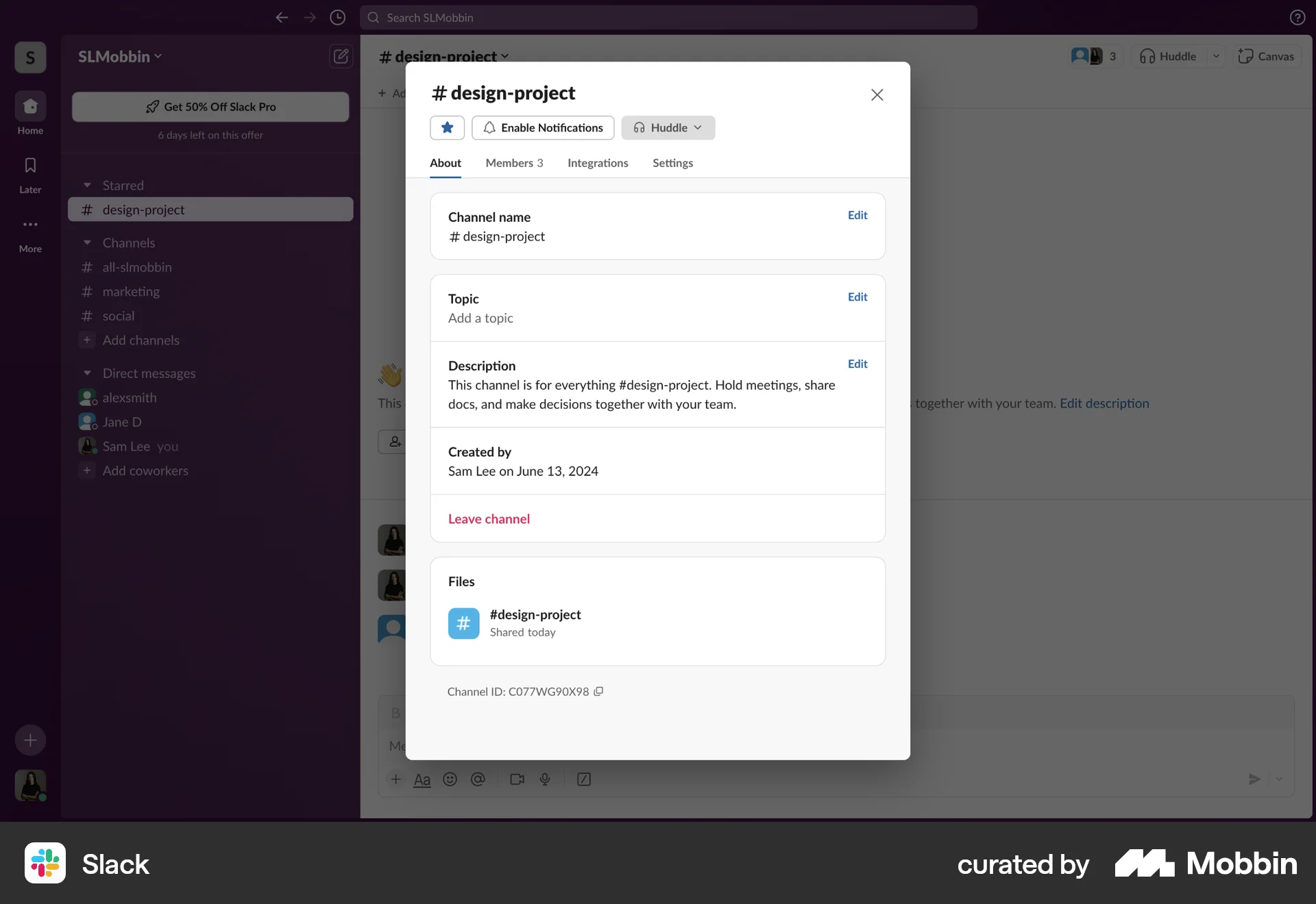 Slack Web Favorite & Pin screen