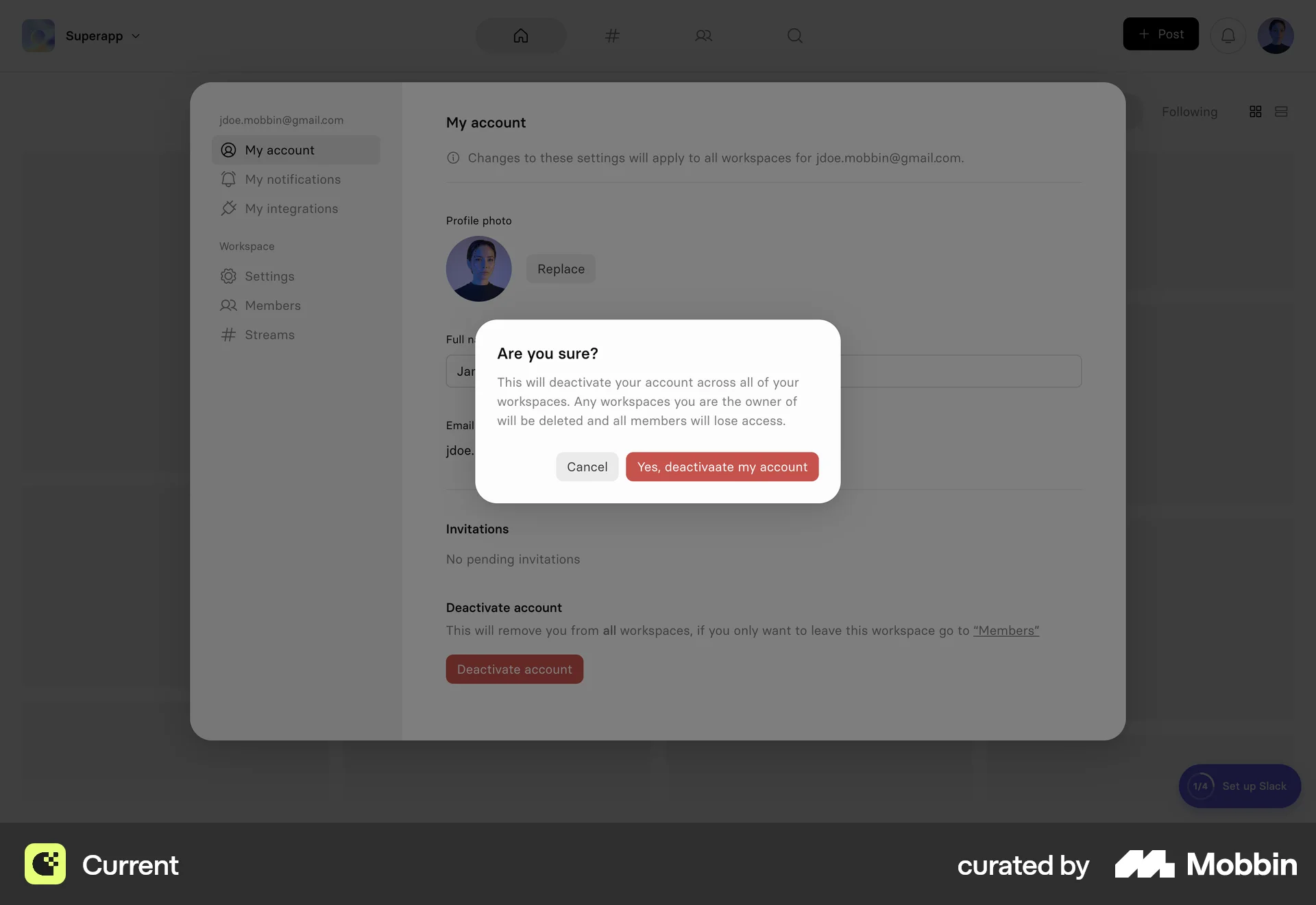 Current Web Delete & Deactivate Account screen