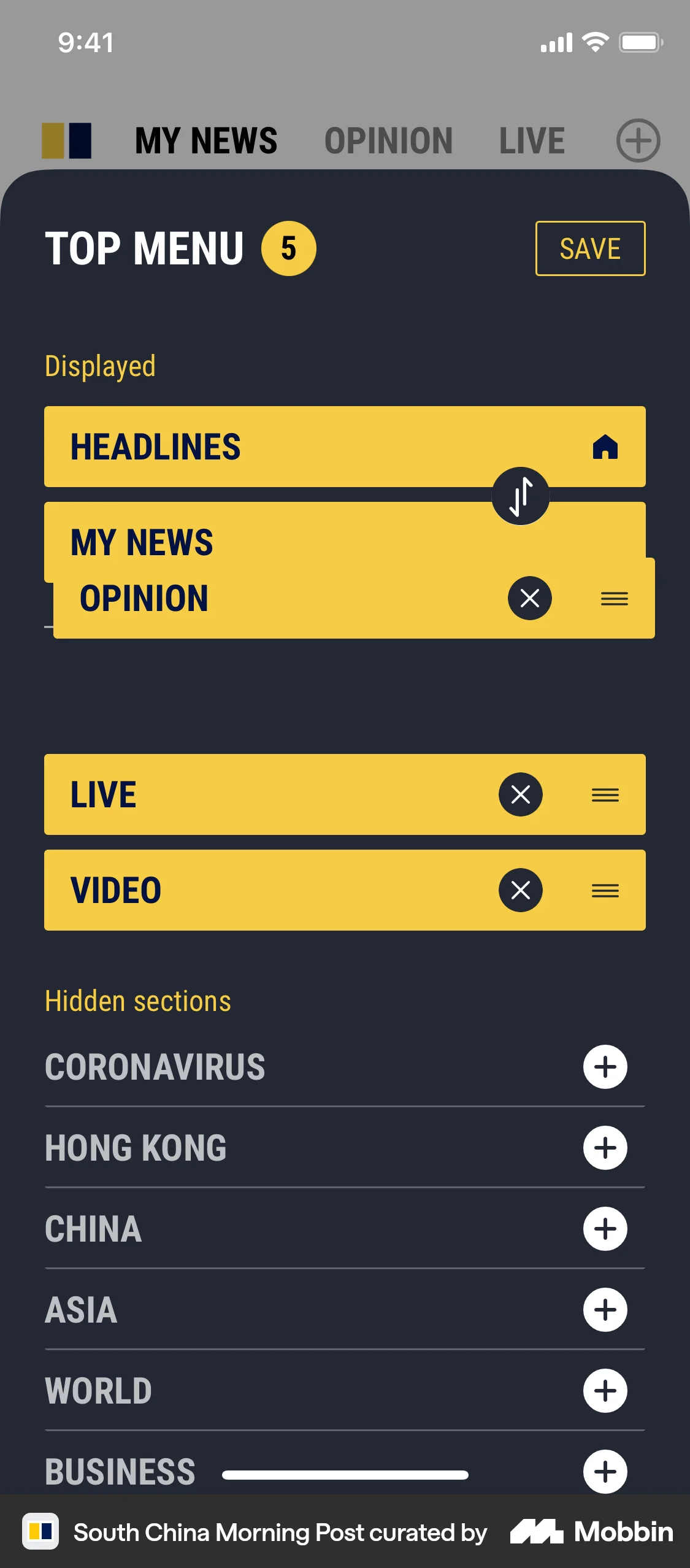 South China Morning Post iOS Reorder screen