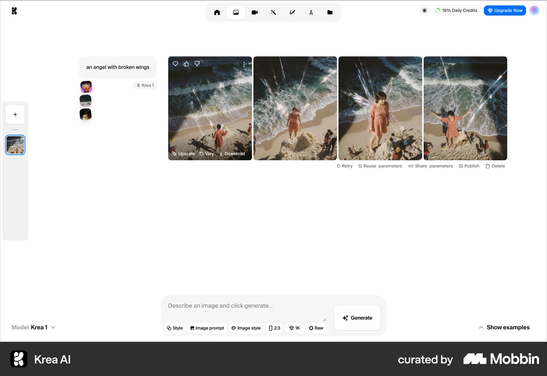 Krea AI Web Action Option screen