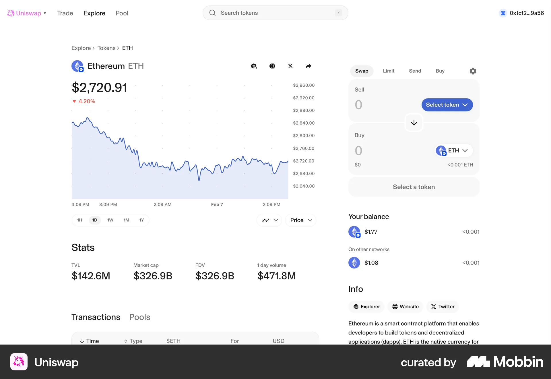 Uniswap Web Wallet & Balance screen