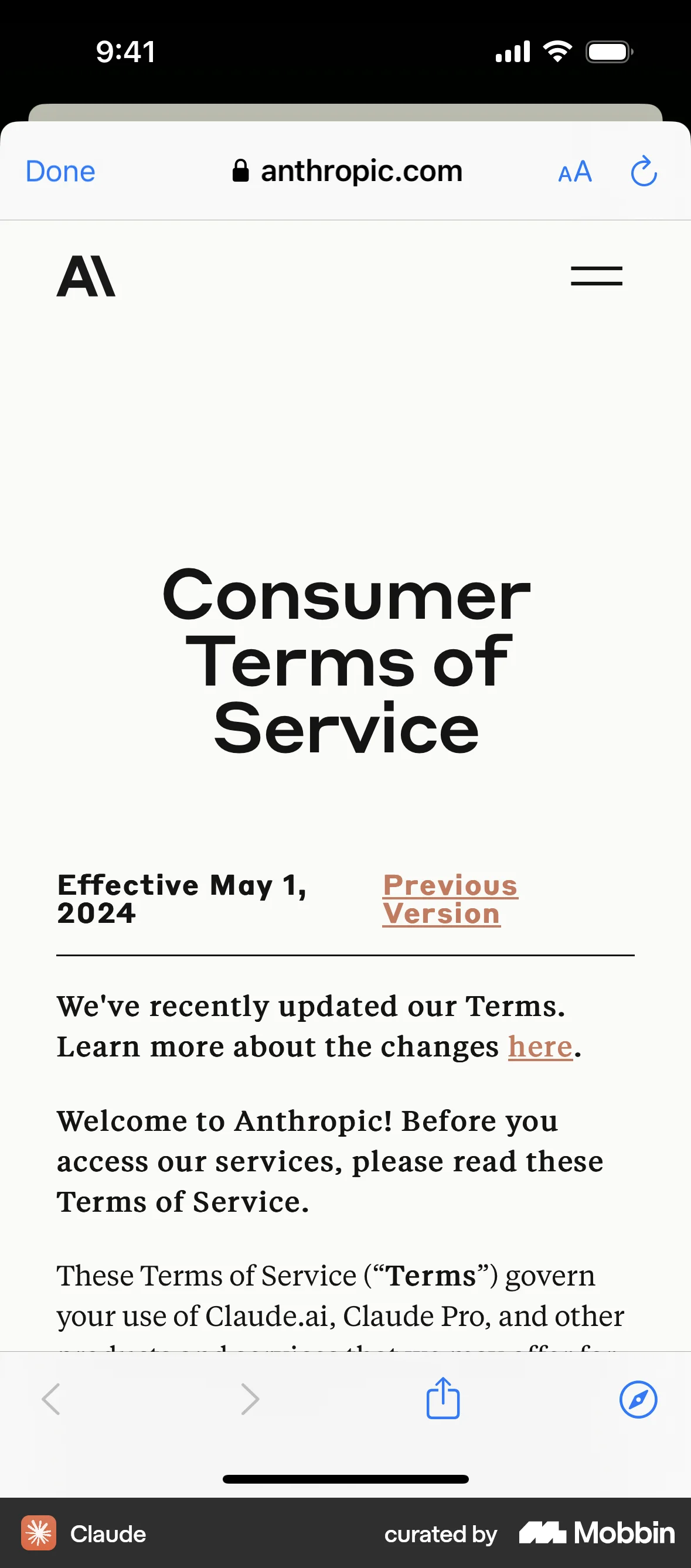 Claude iOS Terms & Conditions screen