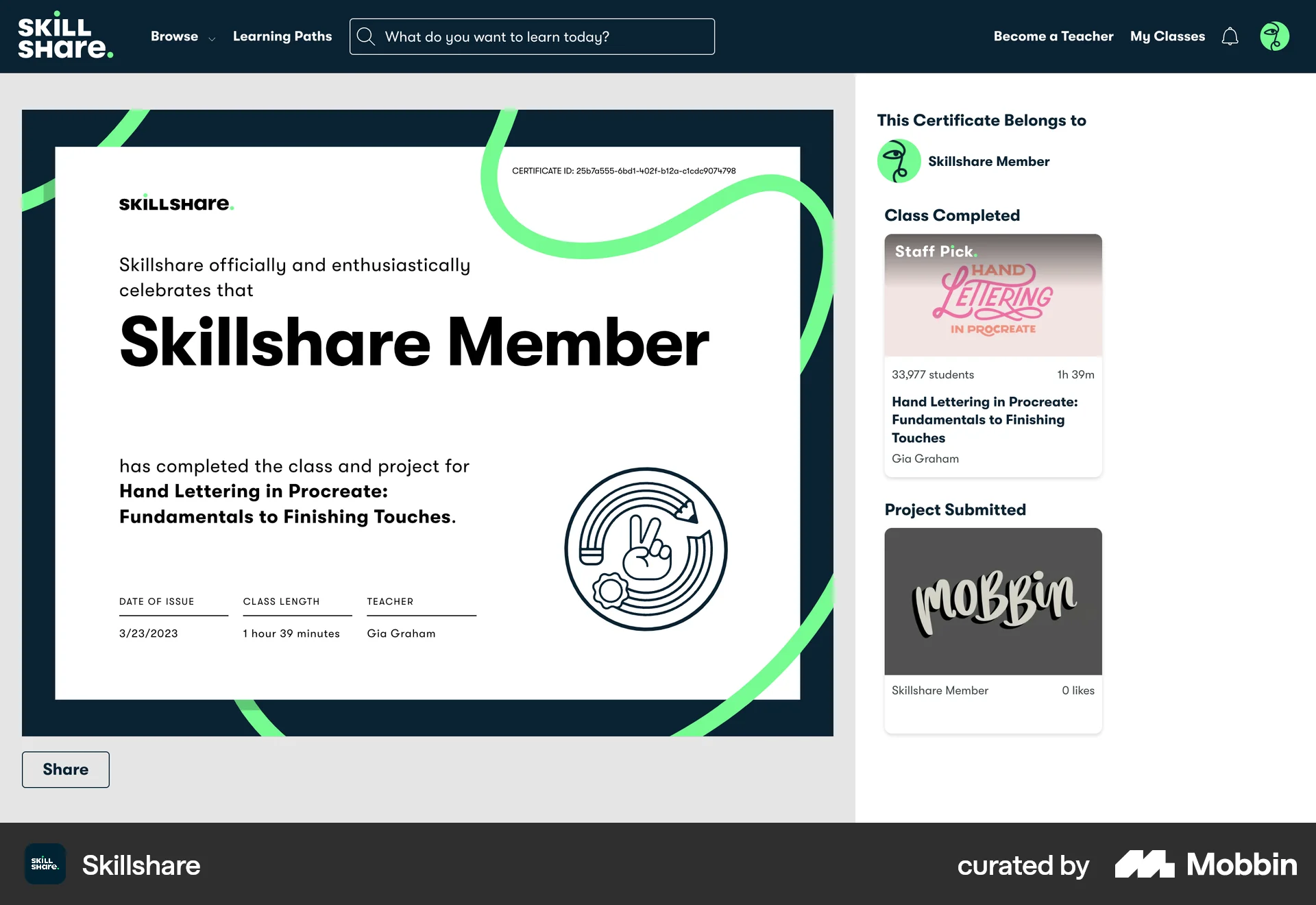 Skillshare Web Achievements & Awards screen