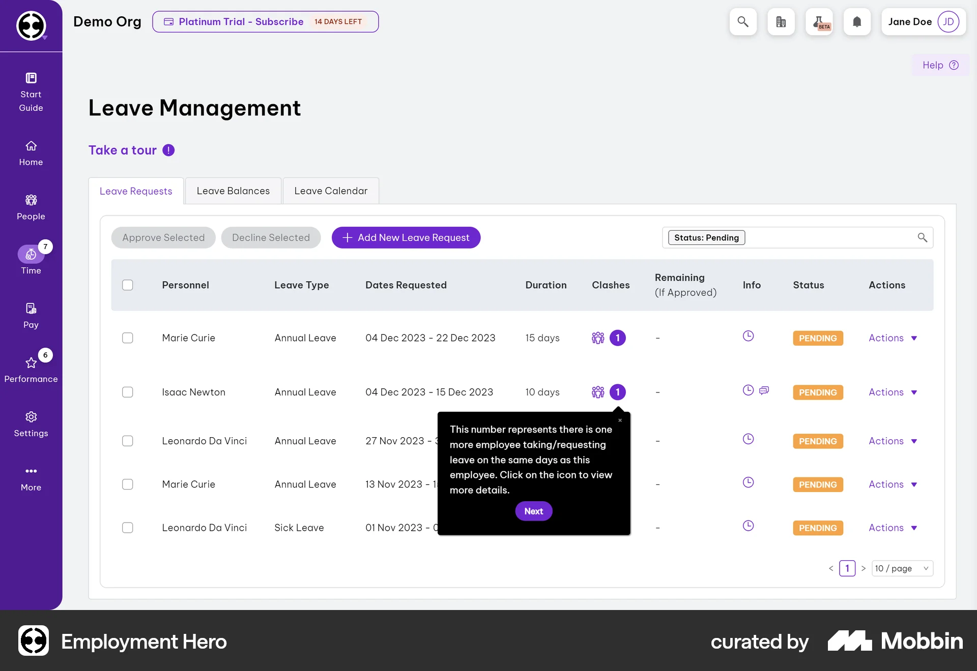 Employment Hero Web screen containing Coach Marks UI element