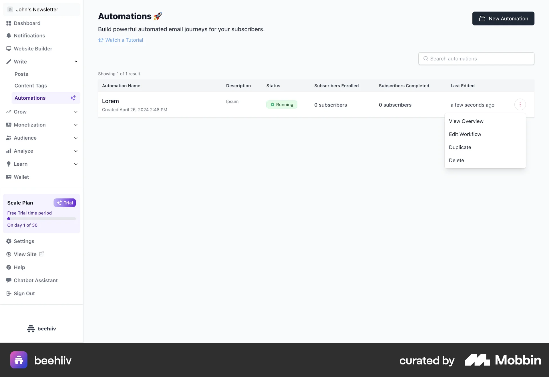 beehiiv Web Action Option screen