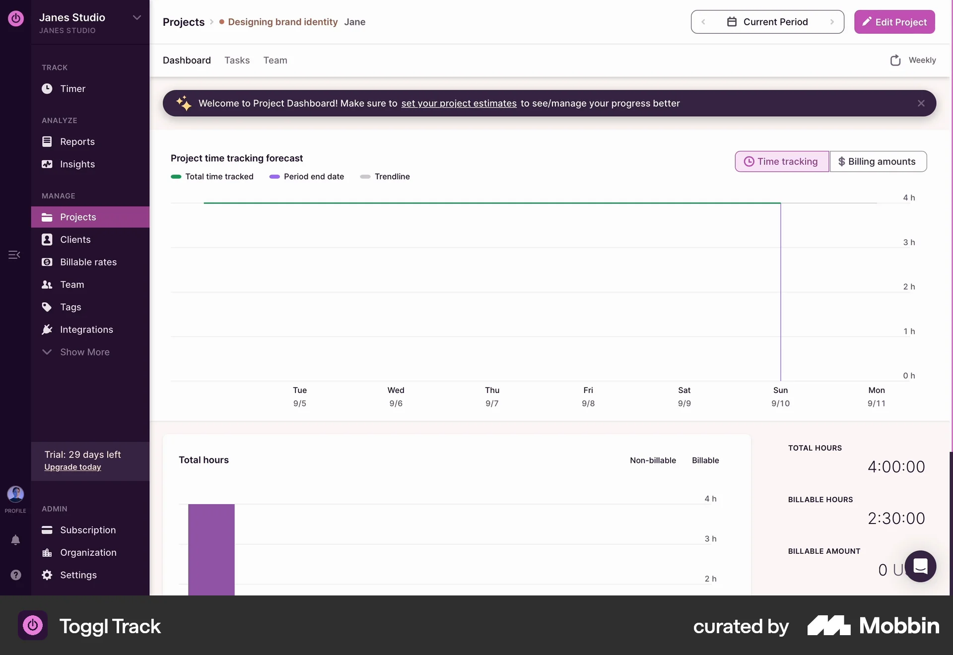 Toggl Track Web screen containing Breadcrumbs UI element