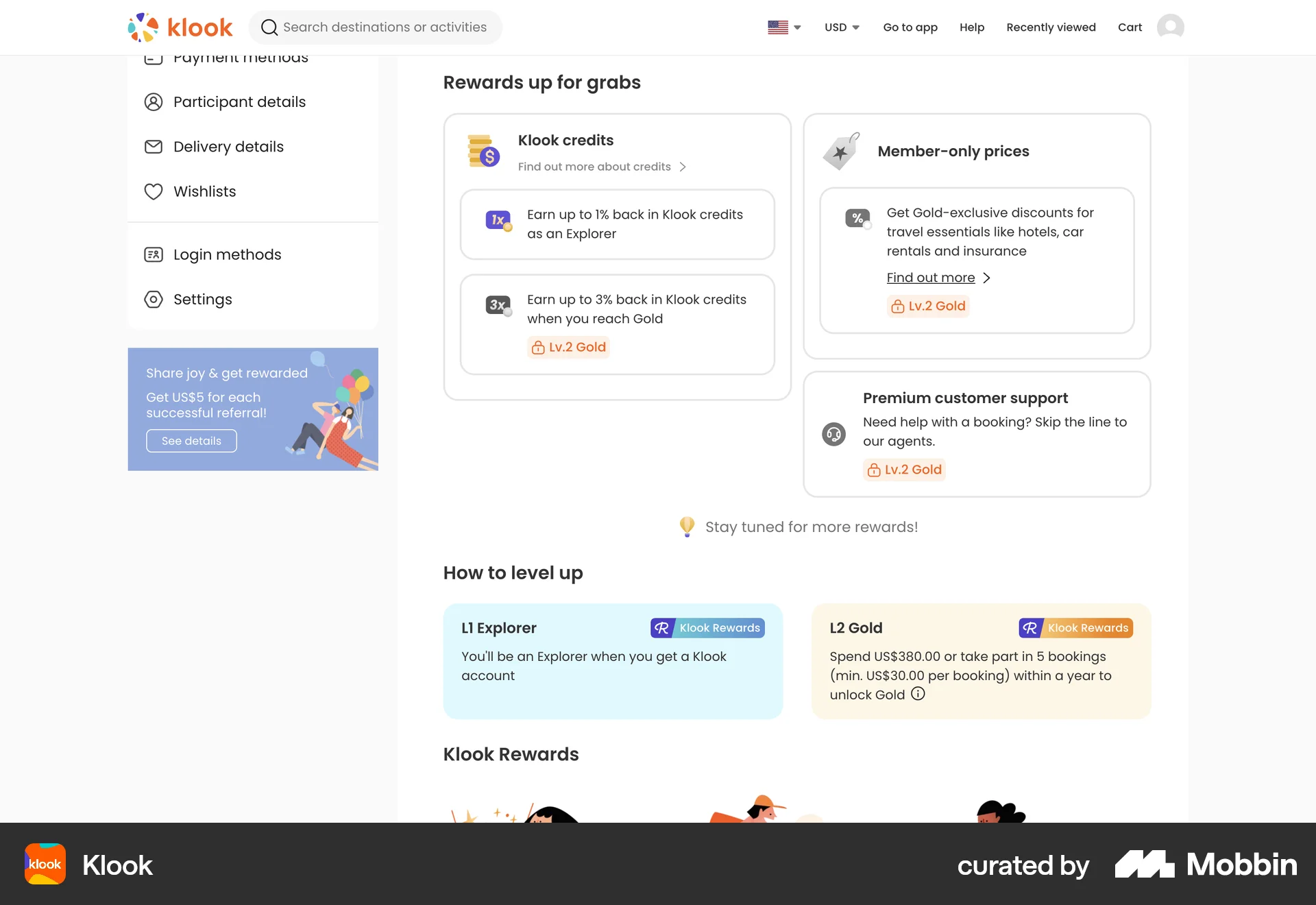 Klook Web Promotions & Rewards screen