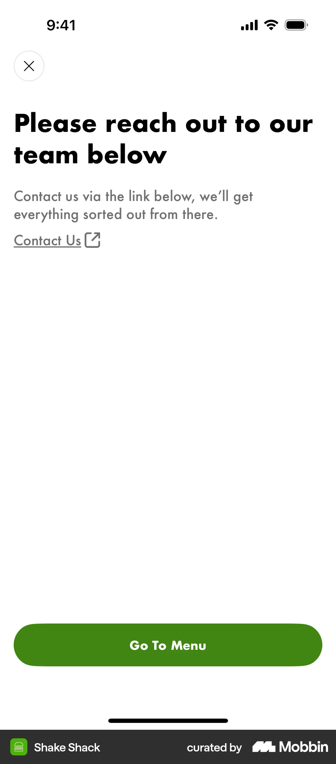Shake Shack iOS Help & Support screen