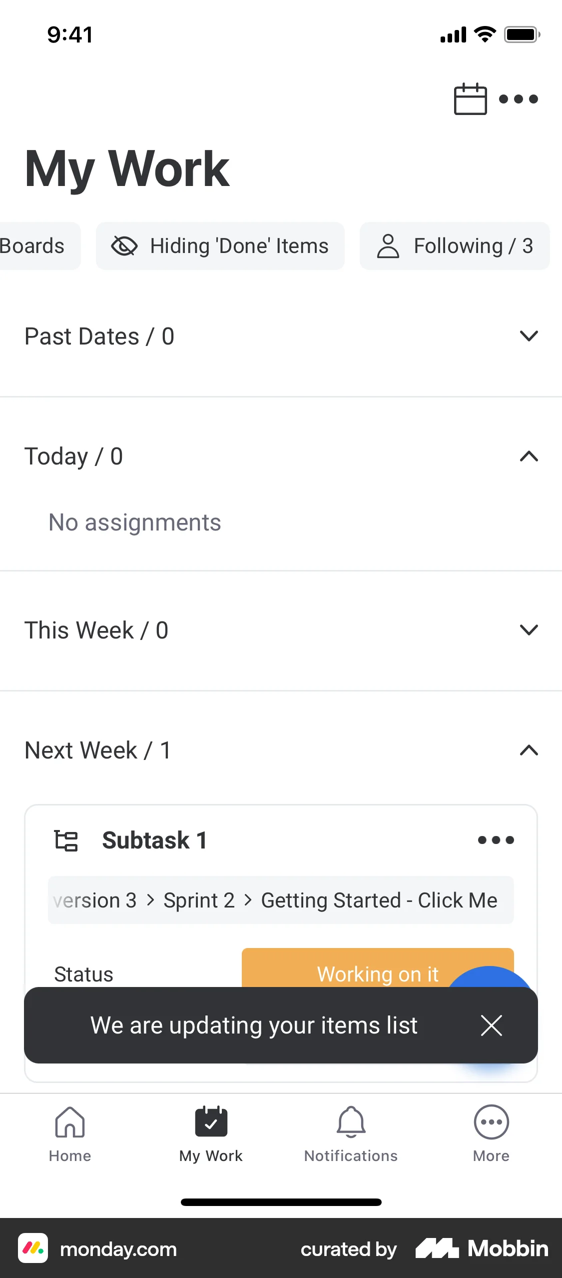 monday.com iOS screen containing Toast UI element