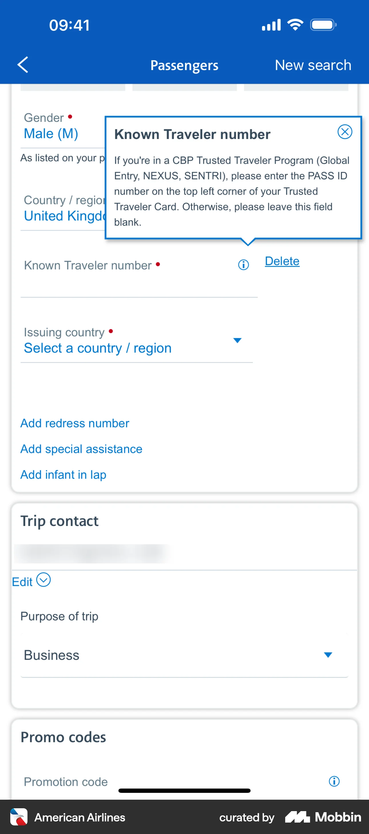 American Airlines iOS screen containing Tooltip UI element