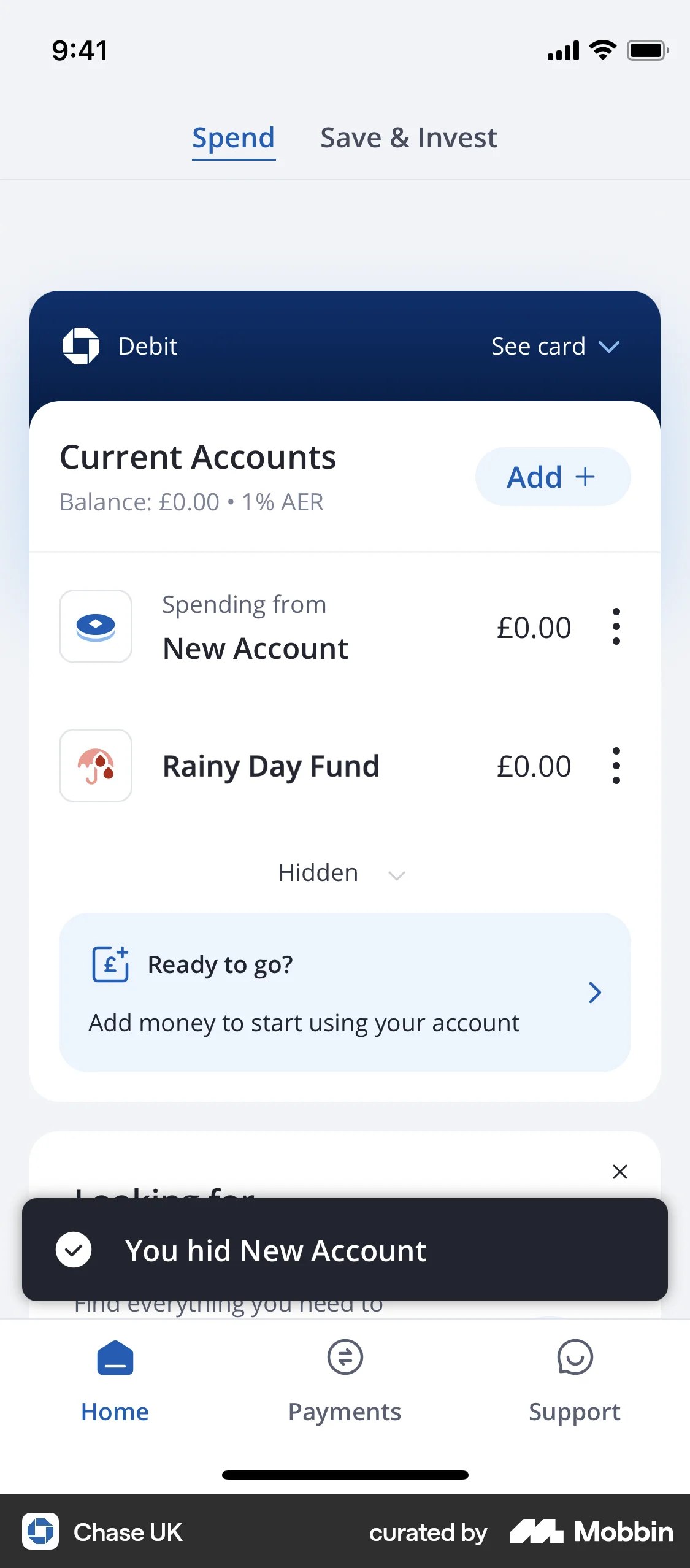 Chase UK iOS screen containing Toast UI element