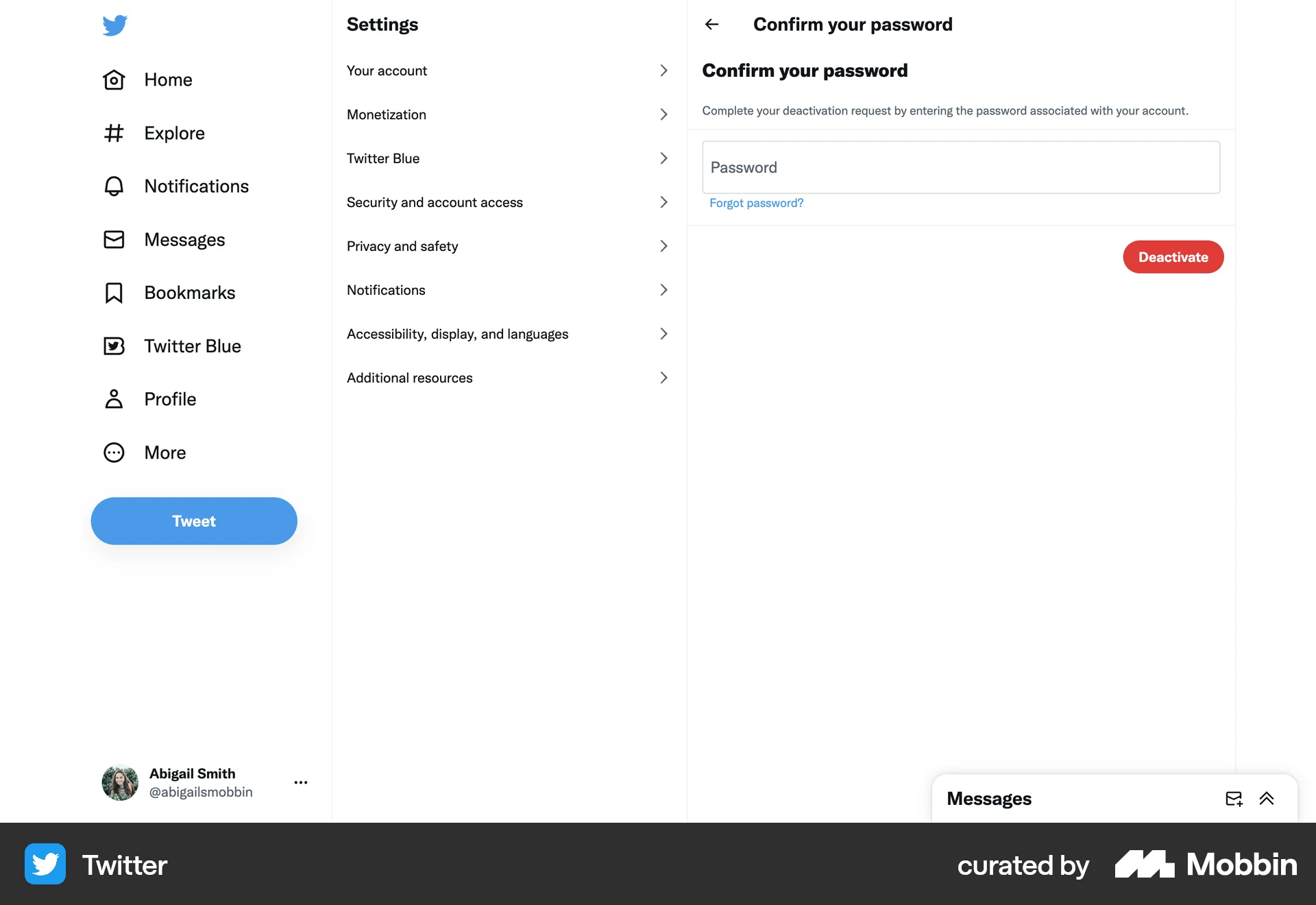 X Web Delete & Deactivate Account screen