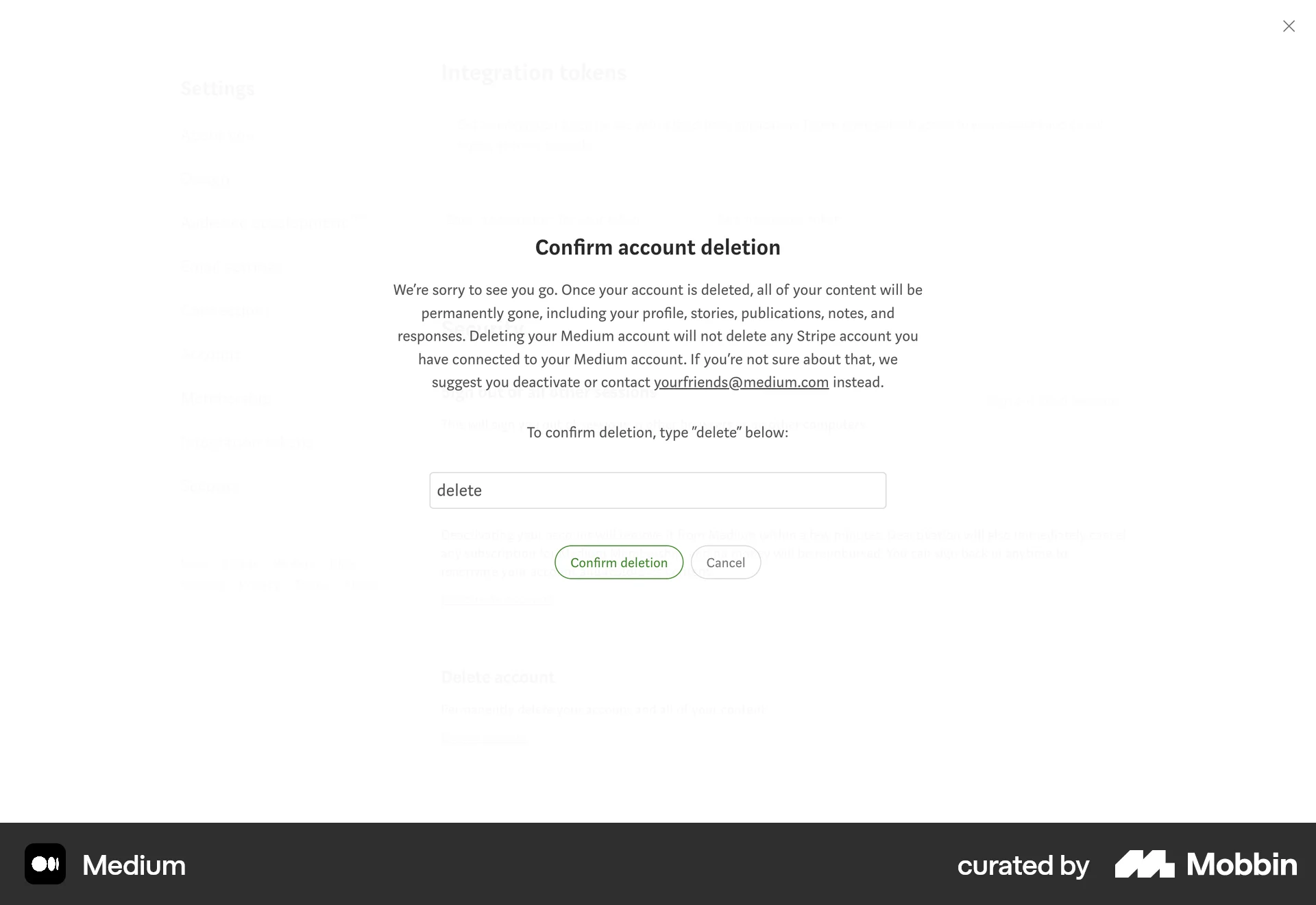 Medium Web Delete & Deactivate Account screen