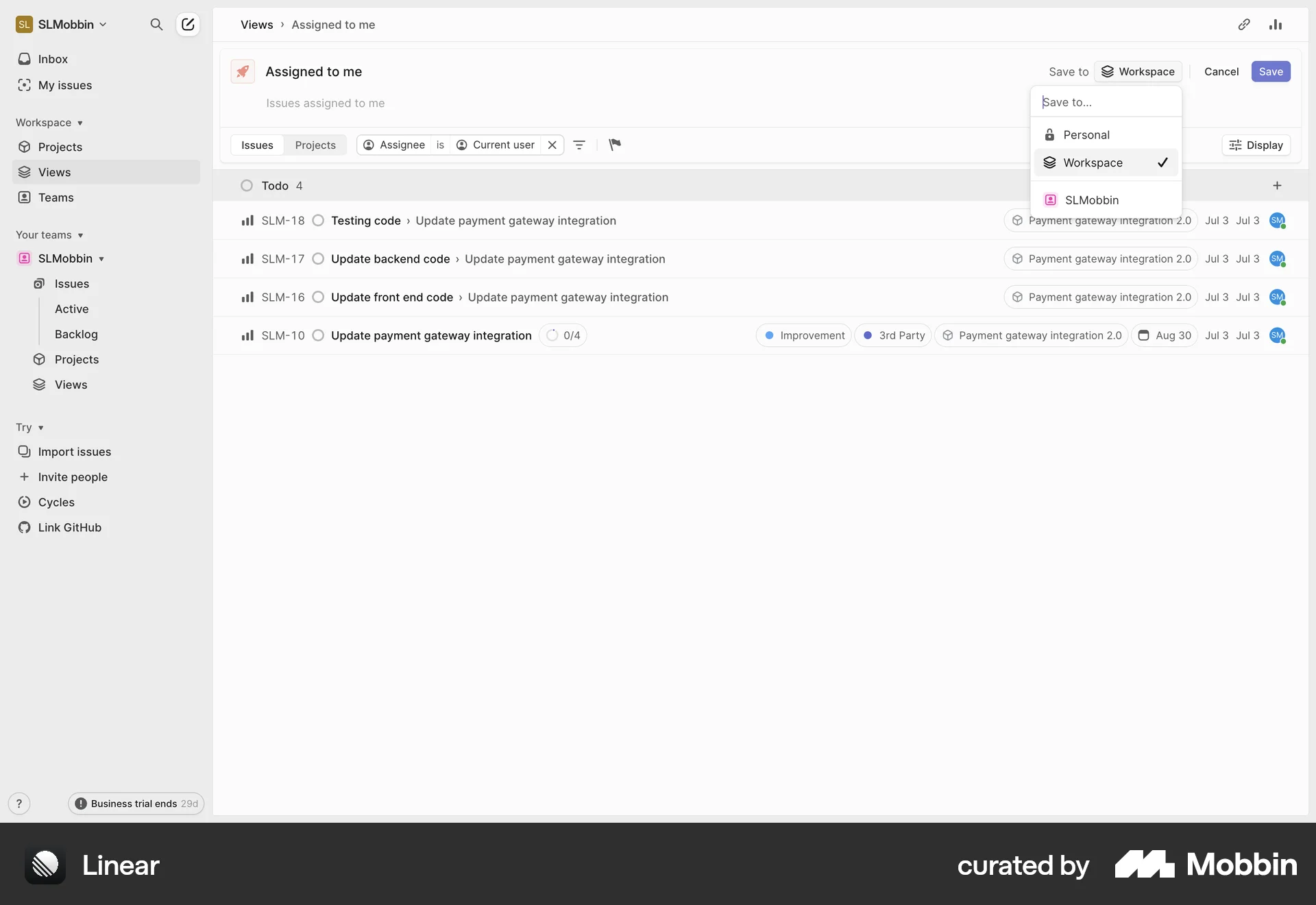 Linear Web Save screen