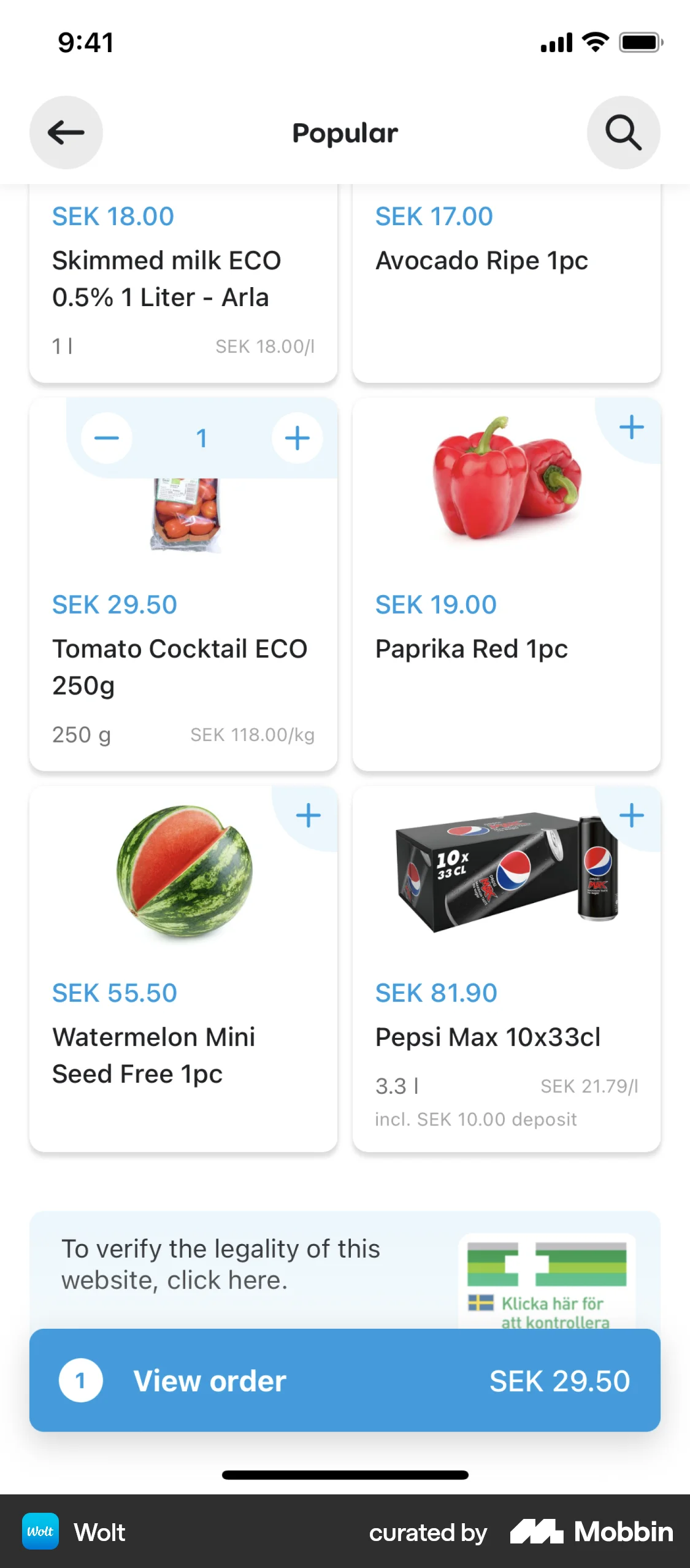 Wolt Delivery iOS screen containing Stepper UI element