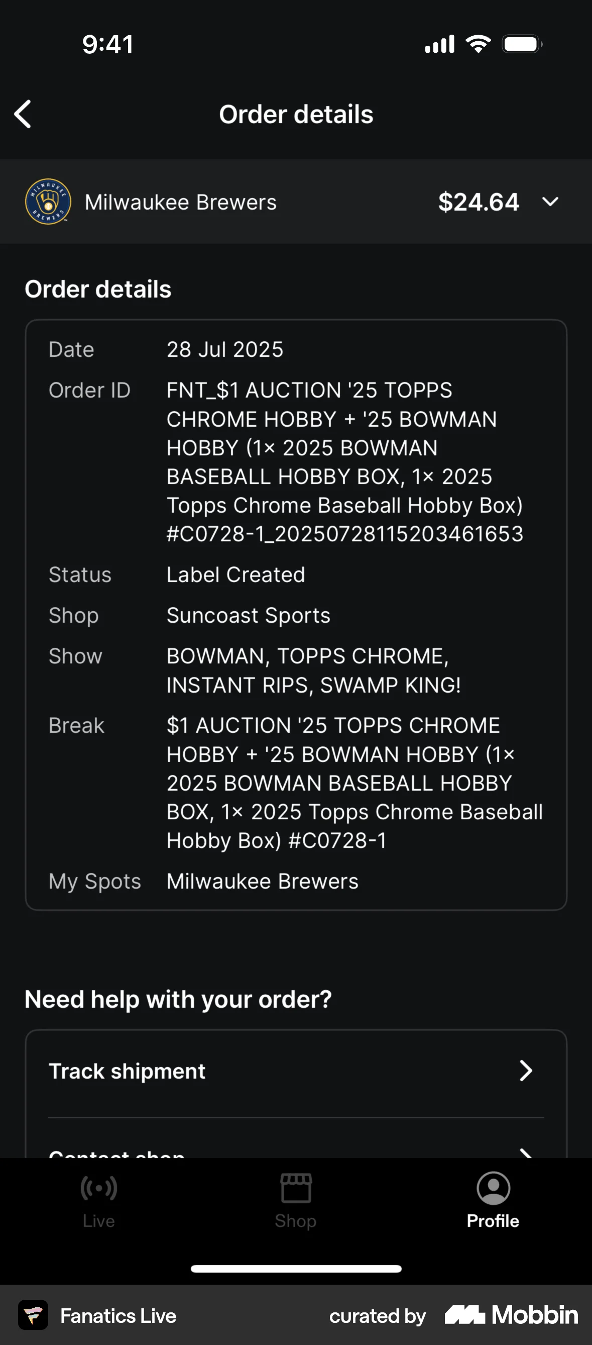 Fanatics Live iOS Order Detail screen