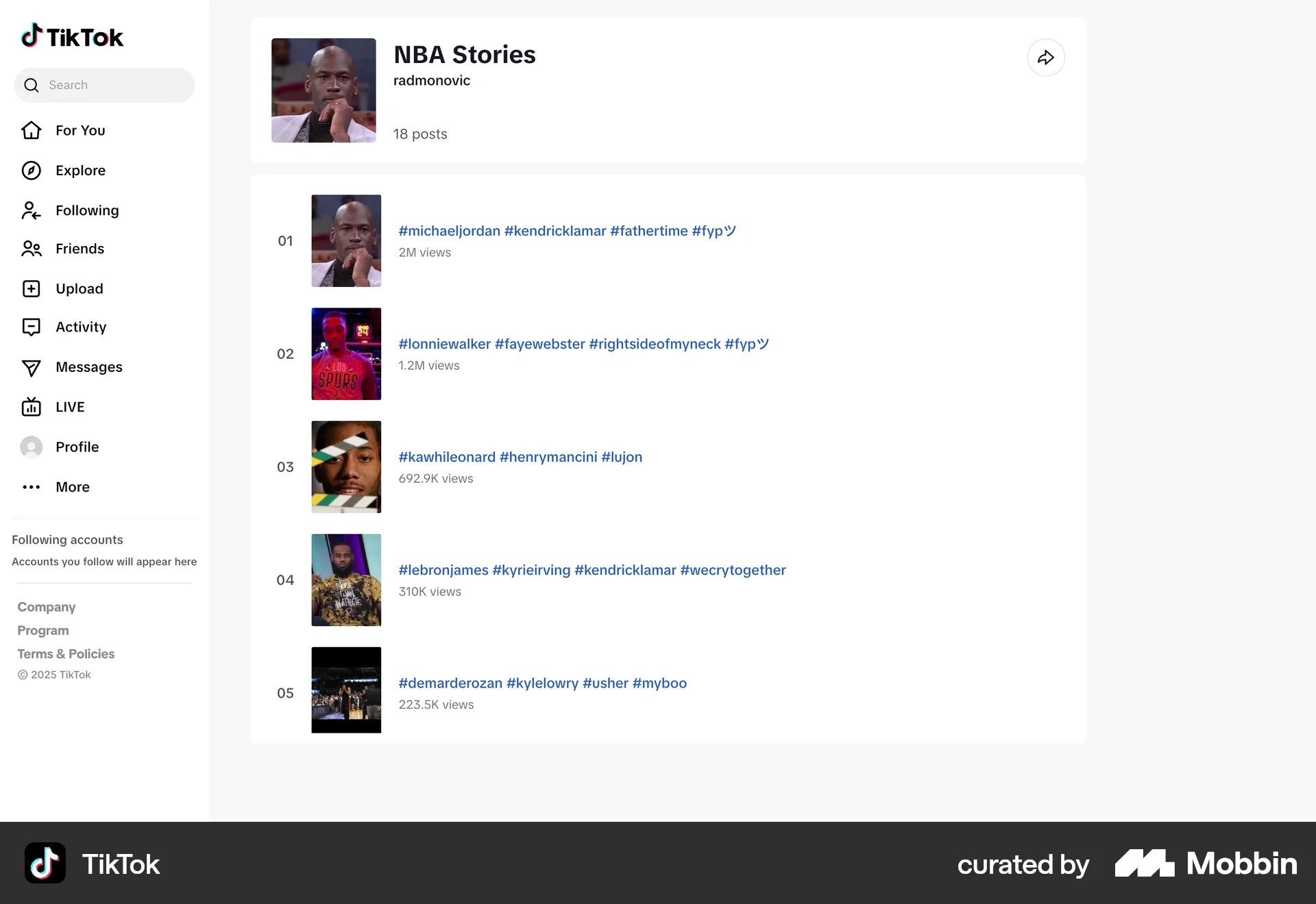 TikTok Web Playlists screen