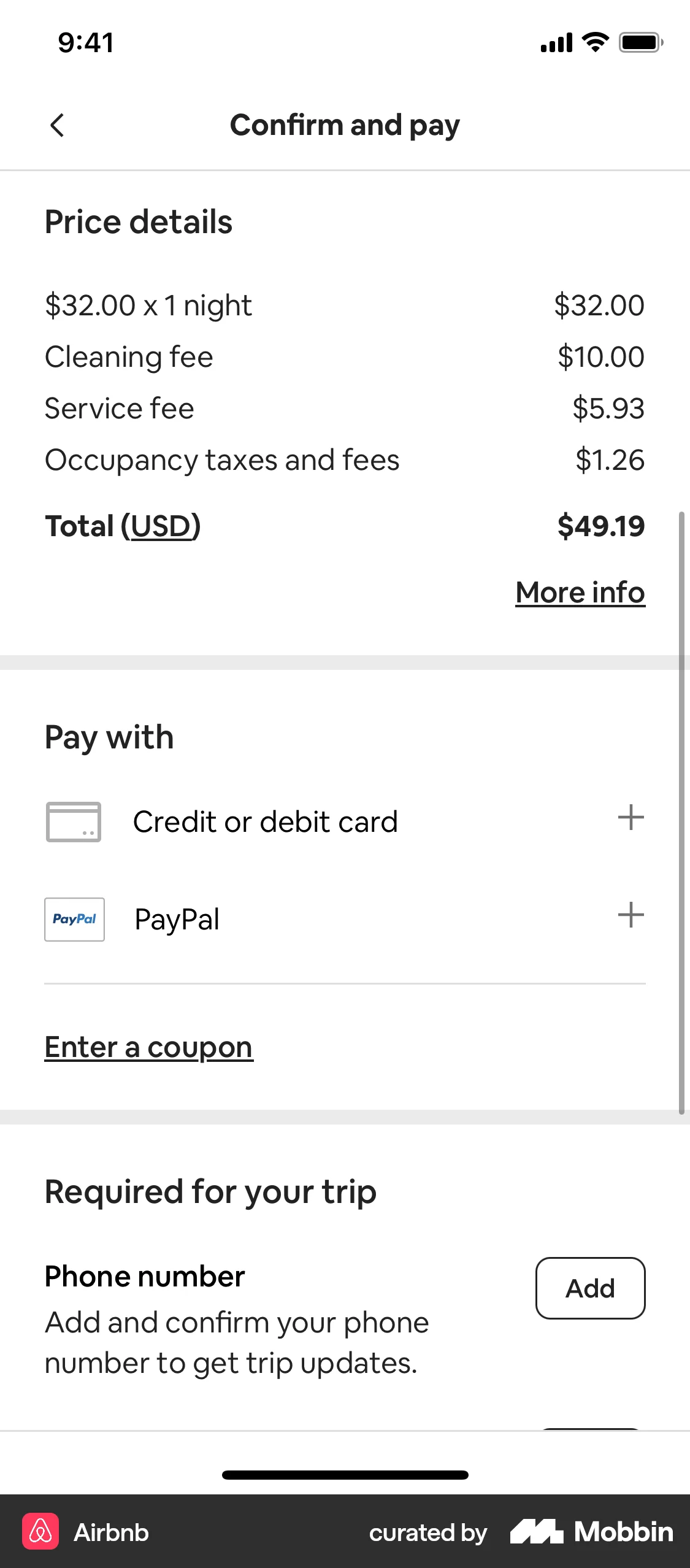 Airbnb iOS Checkout screen