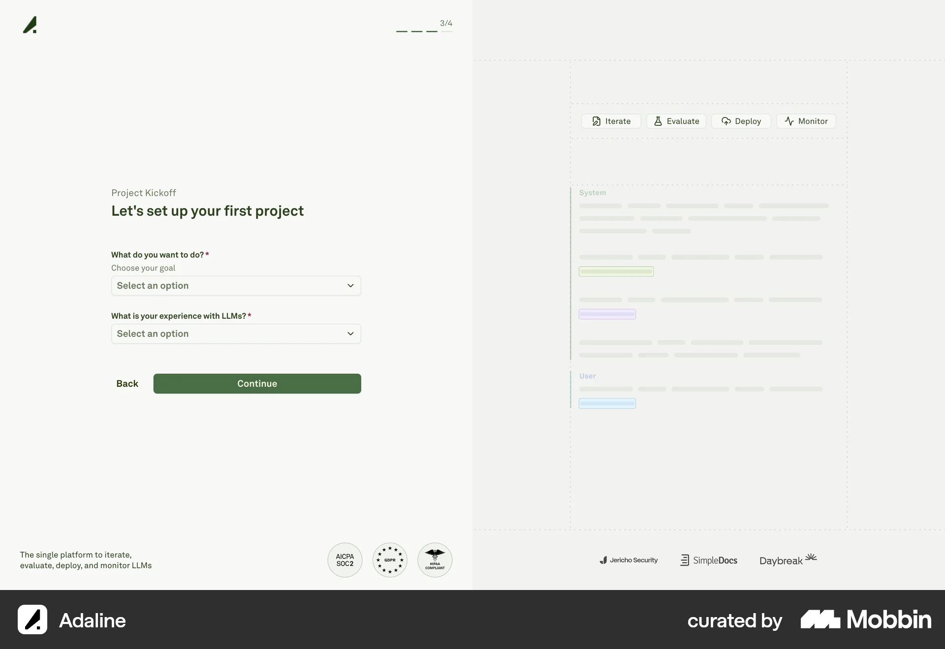 Adaline Web Wizard UI screen