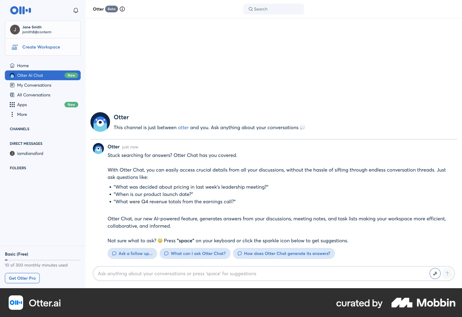 Otter.ai Web Chat Bot screen