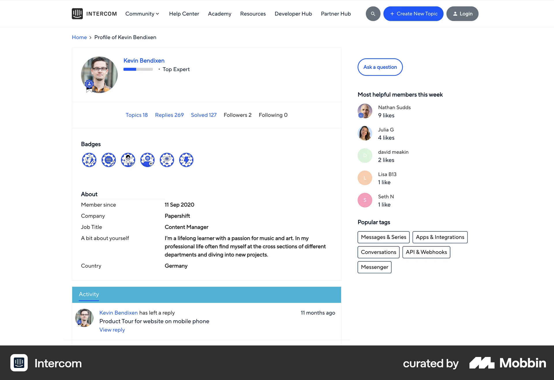 Intercom Web Achievements & Awards screen