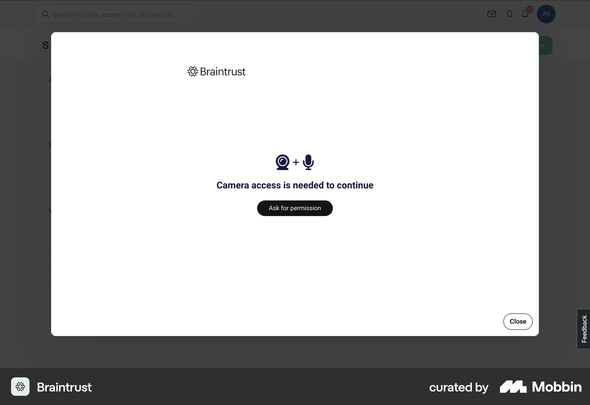Braintrust Web Permission screen
