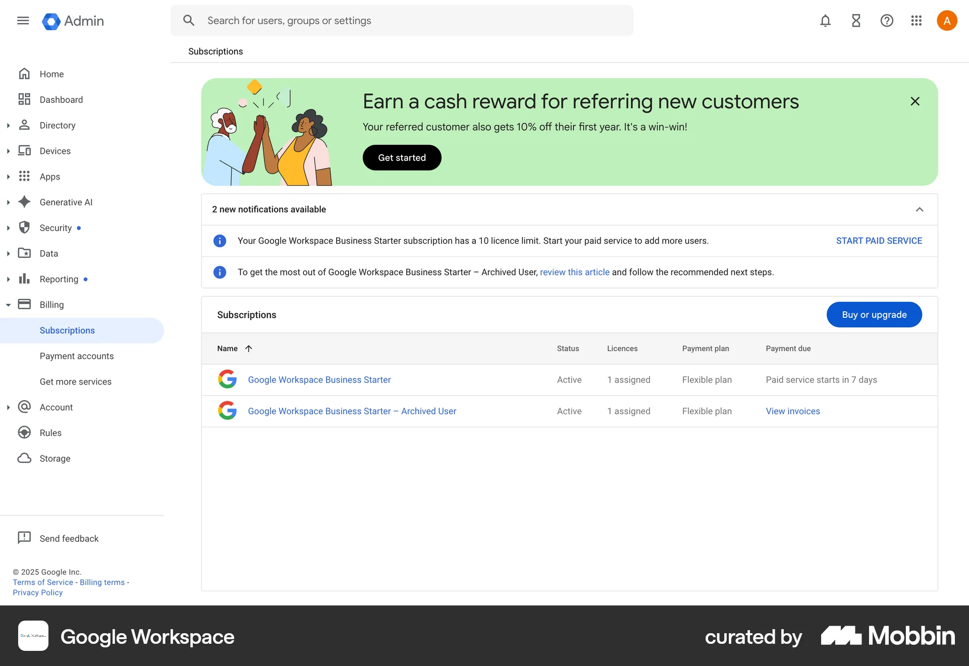 Google Workspace Web Billing screen