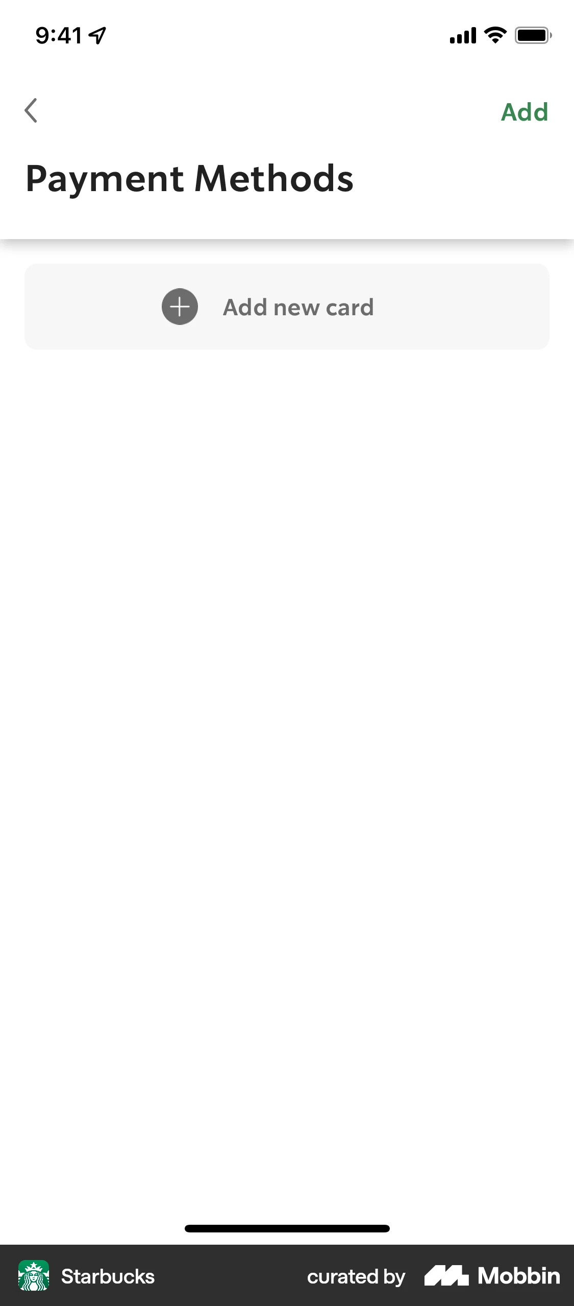 Starbucks iOS Payment Method screen