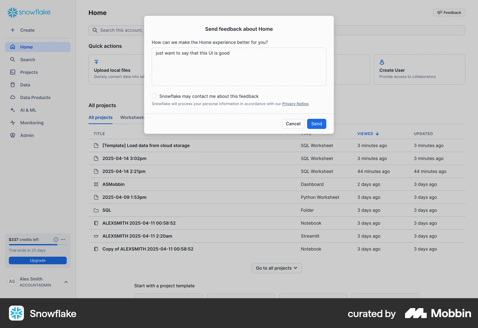 Snowflake Web Feedback screen