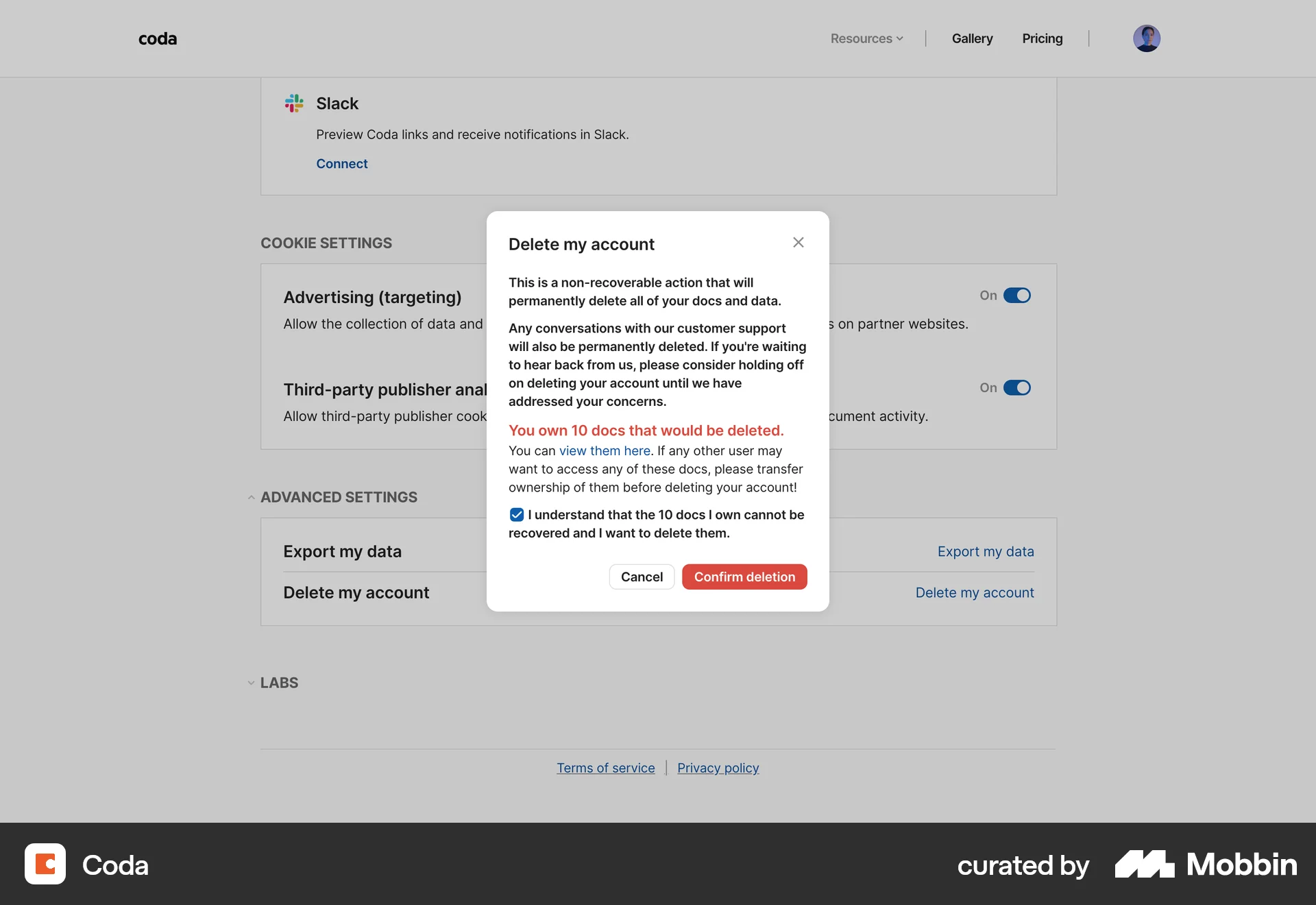 Coda Web Delete & Deactivate Account screen