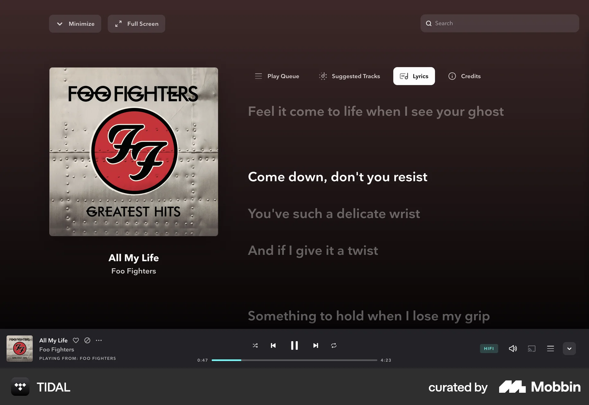 TIDAL Web Song & Podcast Detail screen