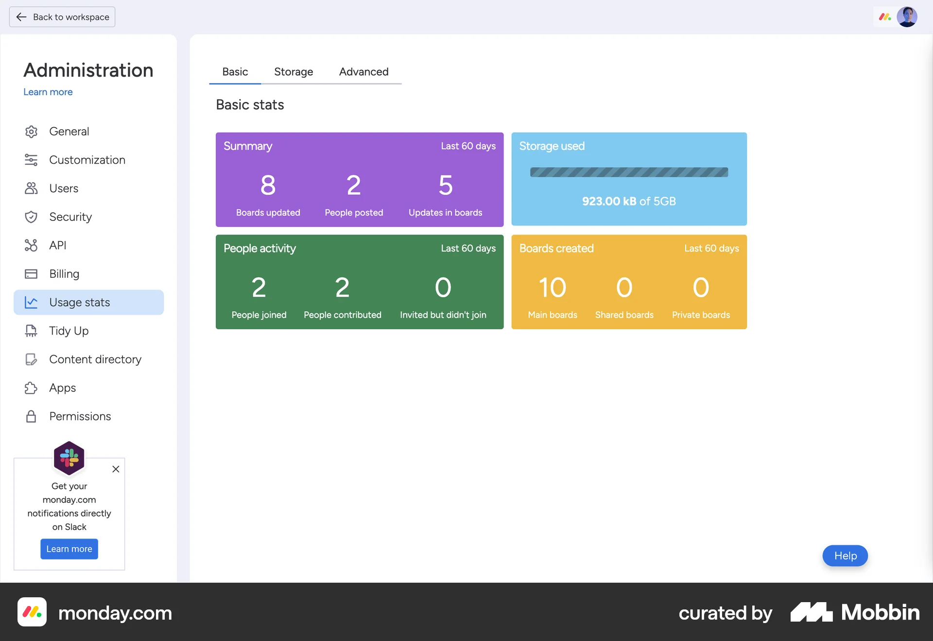 monday.com Web Admin Dashboard screen