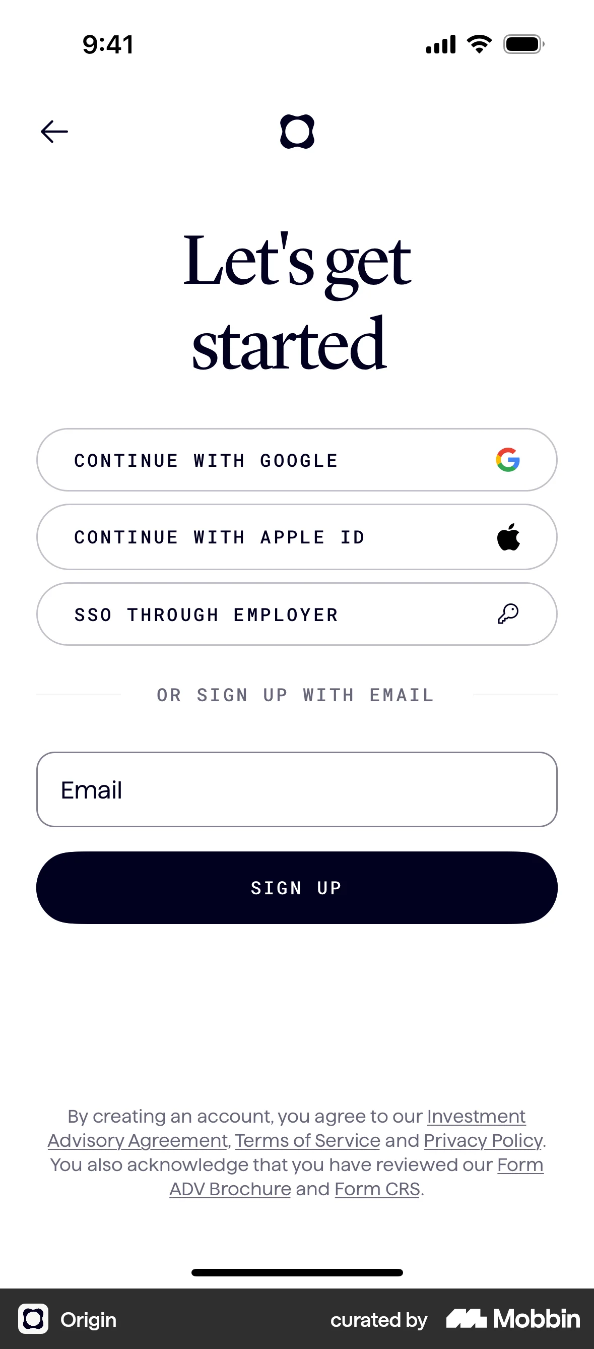 Origin iOS Signup screen